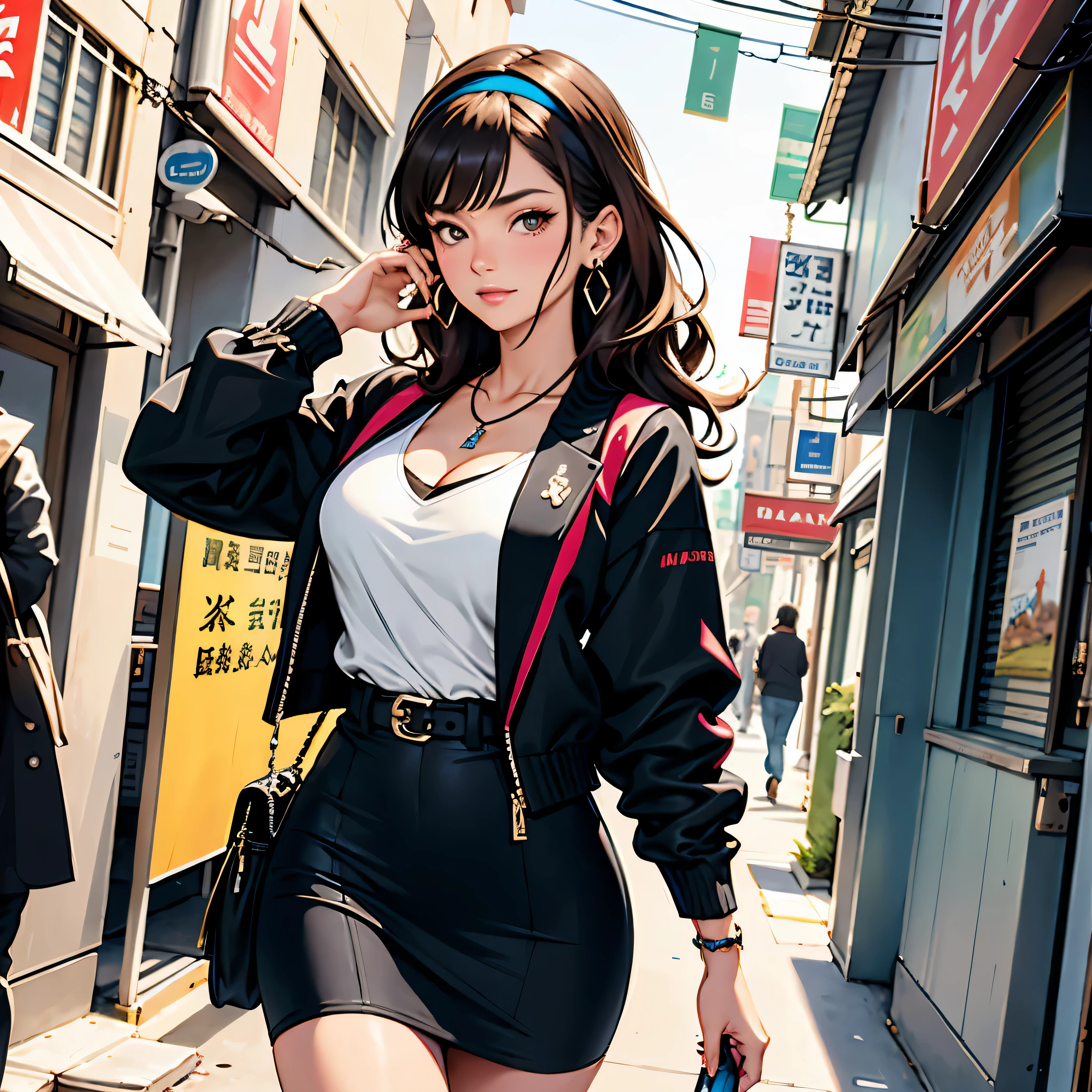Anime girl walking down the street in a short skirt and jacket - SeaArt AI