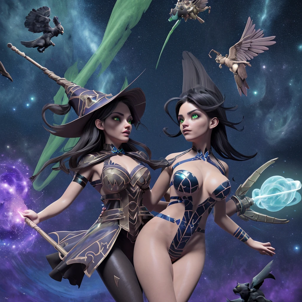 oveerarching theme: Steam punk, (best quality,4k,highres,masterpiece:1.2),ultra-detailed,realistic:1.37,sexy witches,broomsticks,racing through space,chasing a green comet,winged black cats observing,naked tape,sensual,enthralling,cosmic scenery,colourful cosmos,mesmerizing spectacle,seductive night sky,stunning celestial bodies,spellbinding energy,alluring magic,spell-casting,star-filled backdrop,mystical atmosphere,witches' intense focus,enticing movements,risque outfits,provocative allure,atmospheric lighting,gravity-defying stunts,thrilling competition,exhilarating speed,endless starry expanse,enchanted boundary between worlds,intense anticipation,unforgettable race,immersive experience,vibrant and captivating aesthetic,hypnotic color palette,elegant curves of broomsticks,nimble maneuvering,breathless excitement,infused with cosmic power,electrifying atmosphere,enchanted broom riding,adrift in time and space