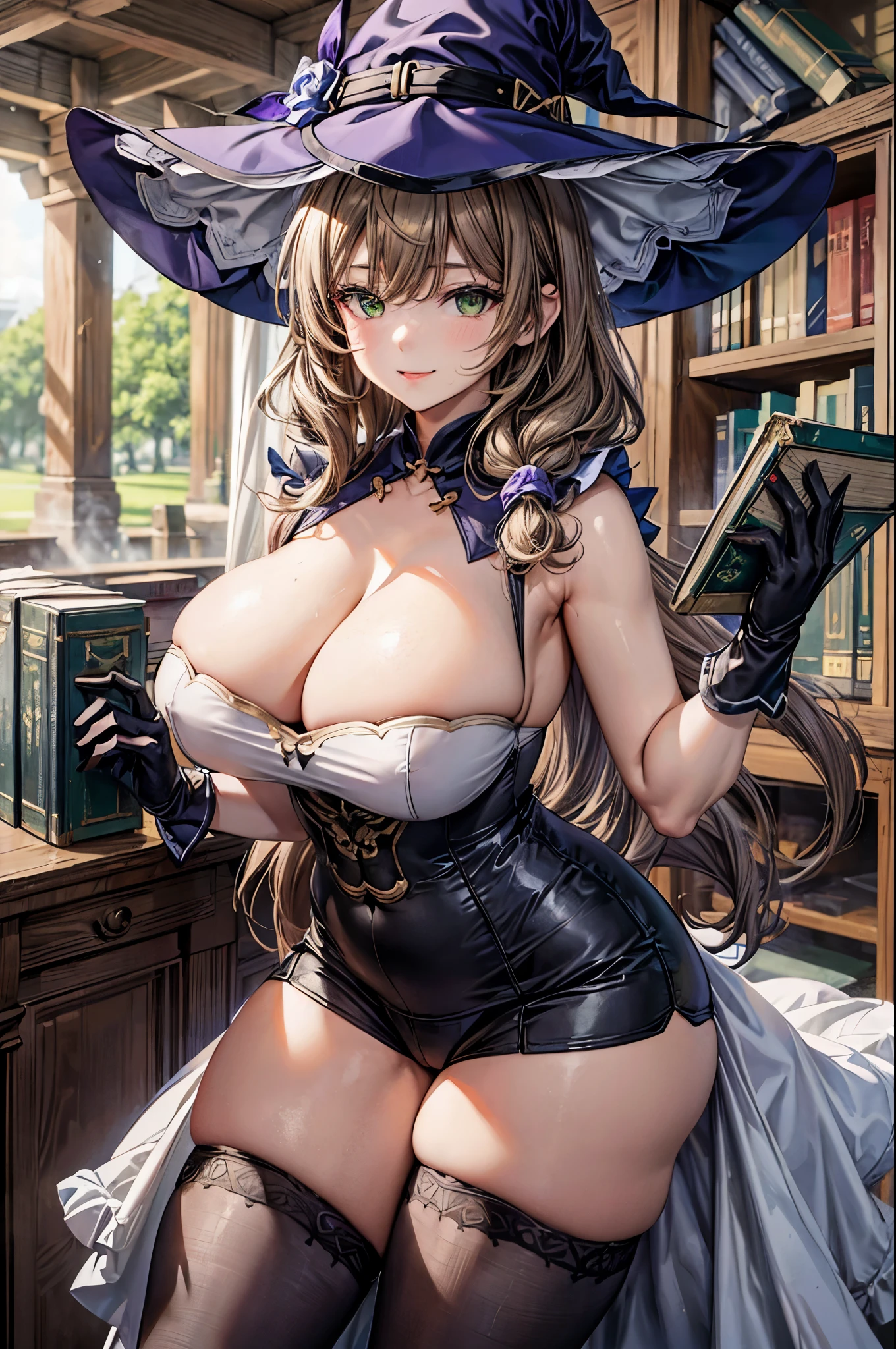 Solo, 1 Woman, Lisa \(Genshin_Impact\), Fluffy Curly Long Hair, Light Brown Hair, Side Ponytail, Large Witch Hat, Emerald Eyes, Huge Breasts, Deep Cleavage, Cleavage Cutout, Purple Sleeveless Dress, White Long Gloves, Small Black Shorts, Grey Thighhigh Socks, Narrow Waist, Wide Hips, Large Round Ass, Thick Squishy Thighs, Voluptuous Figure, Standing in Medieval Library, Holding Books, Flirty Smile