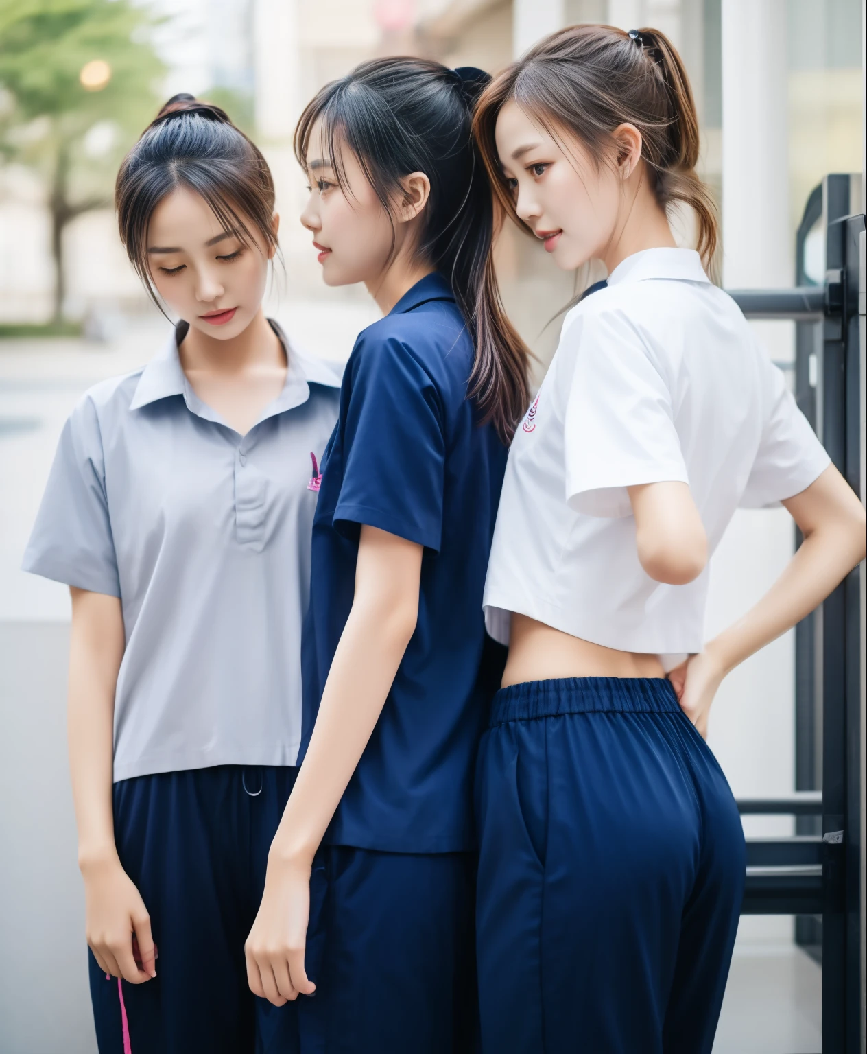 3 girls in fitness center, Navy blue short-sleeved shirt,Navy Long Trackpant,Sweatpants, Sweatpantsขายาว,25 year old girl, lesbian, sexy, exercise clothes, wet body, exercise clothes