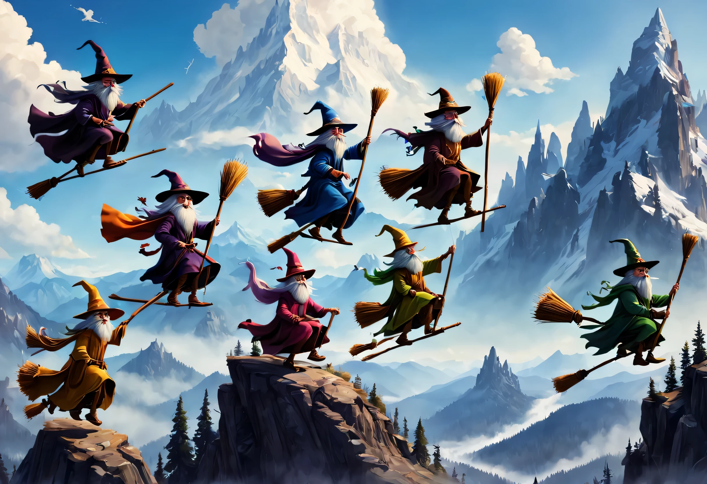 Various cute female wizards on a broom, flying on a broom, riders on a broom, riding on a broom, flying on a broom, cowboy wizards riding on brooms, flying on brooms, sitting on brooms, riding on brooms, wizards and characters, sunny day, mountains, broom riding, broom riding
