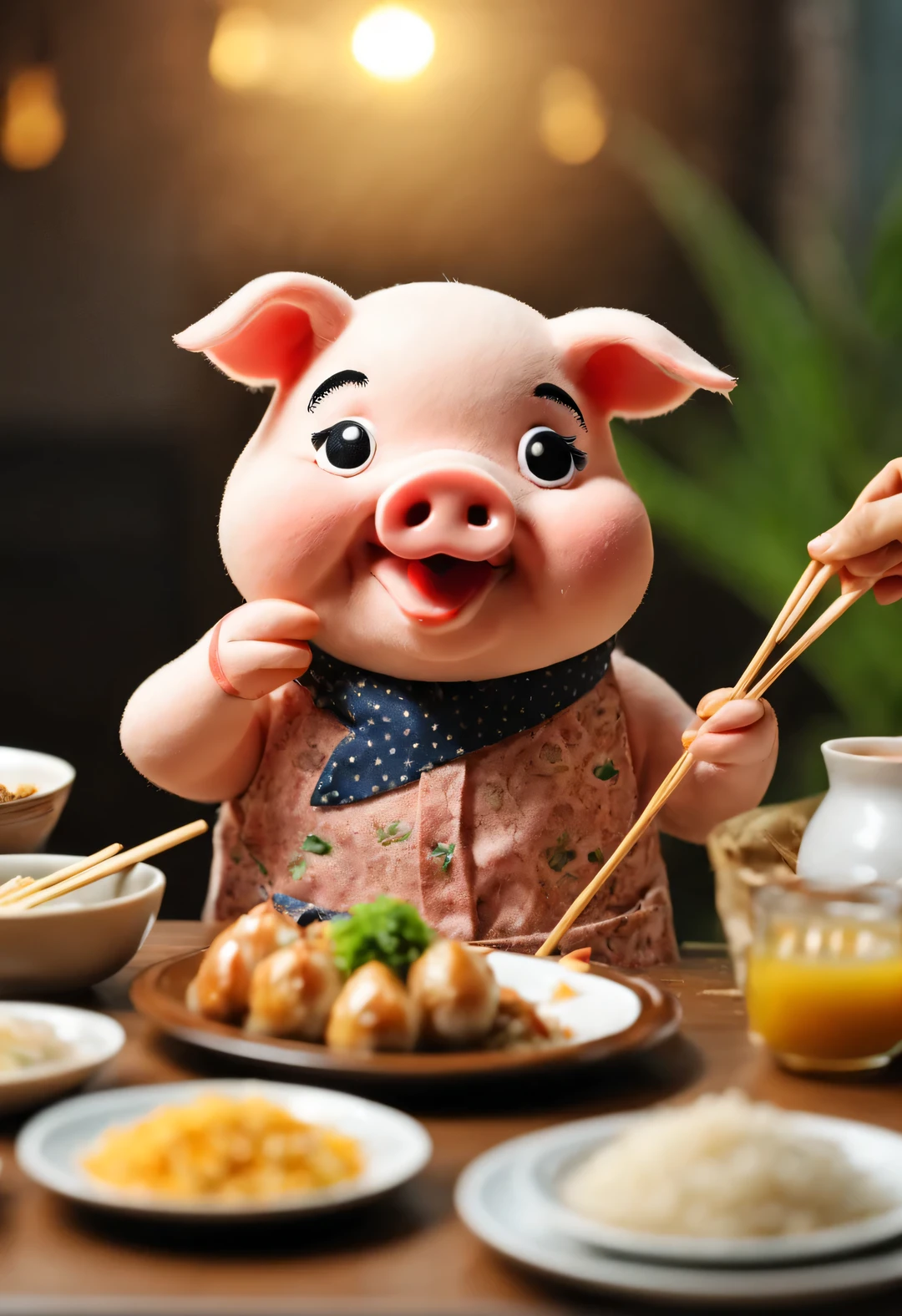 The little pig puppet is eating rice greedily，background dining table