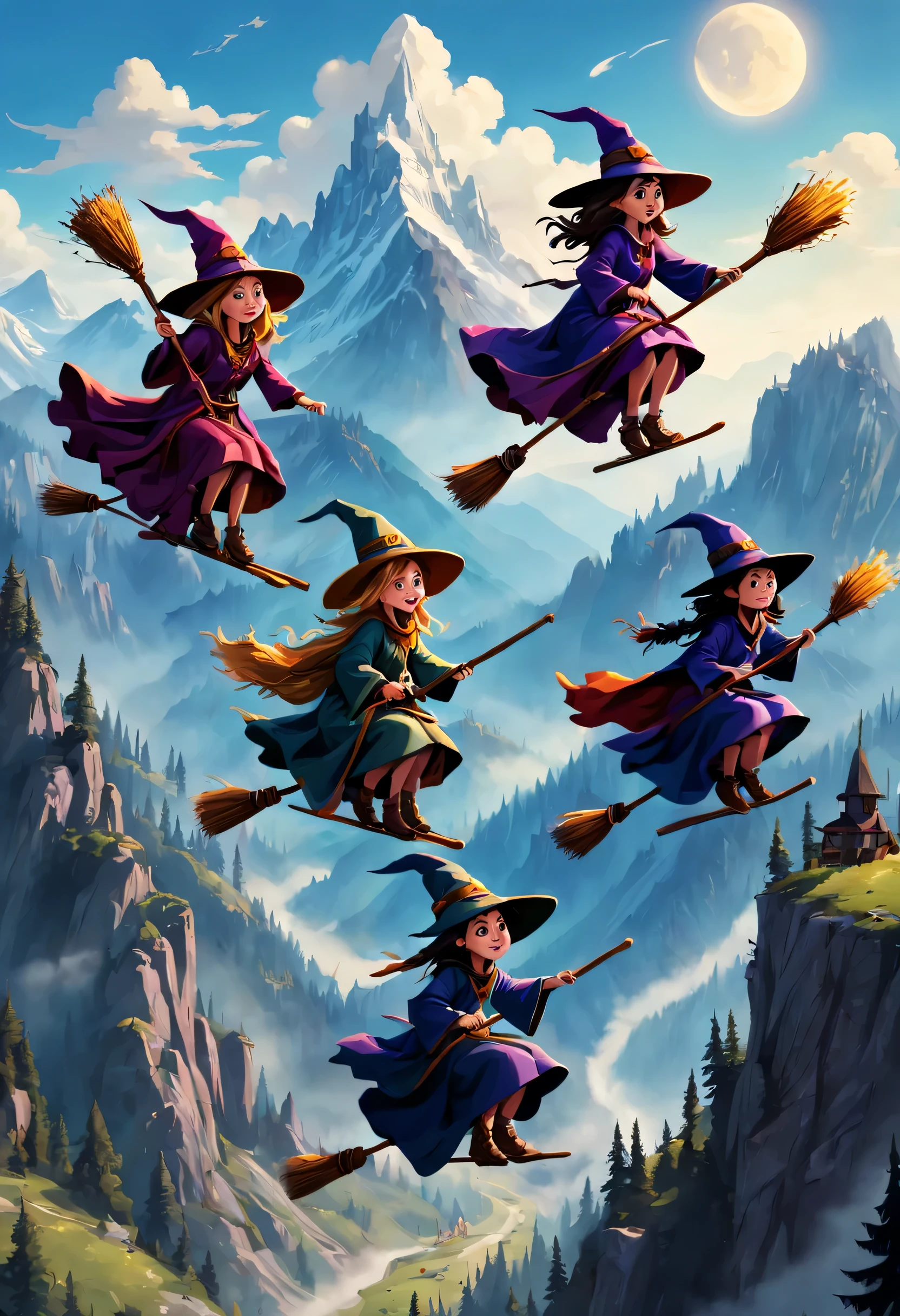 Various cute female wizards on a broom, flying on a broom, riders on a broom, riding on a broom, flying on a broom, cowboy wizards riding on brooms, flying on brooms, sitting on brooms, riding on brooms, wizards and characters, sunny day, mountains, broom riding, broom riding
