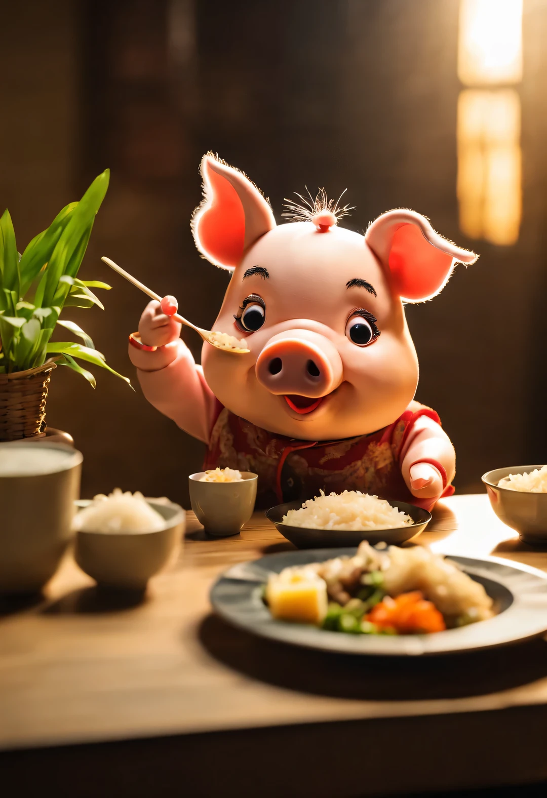 The little pig puppet is eating rice greedily，background dining table