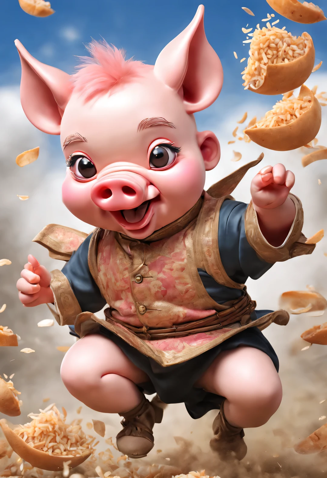 The little pig puppet is eating rice greedily