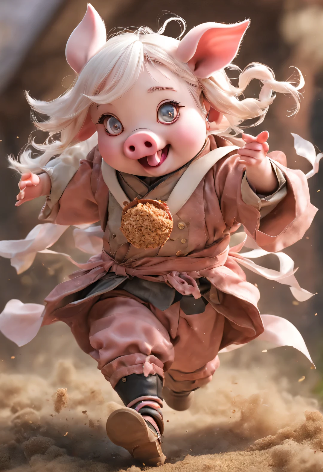 The little pig puppet is eating rice greedily
