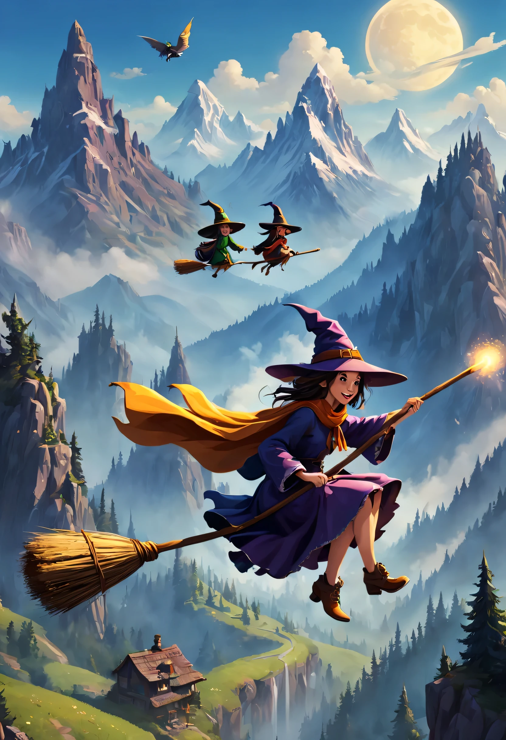 Various cute female wizards on a broom, flying on a broom, riders on a broom, riding on a broom, flying on a broom, cowboy wizards riding on brooms, flying on brooms, sitting on brooms, riding on brooms, wizards and characters, sunny day, mountains, broom riding, broom riding
