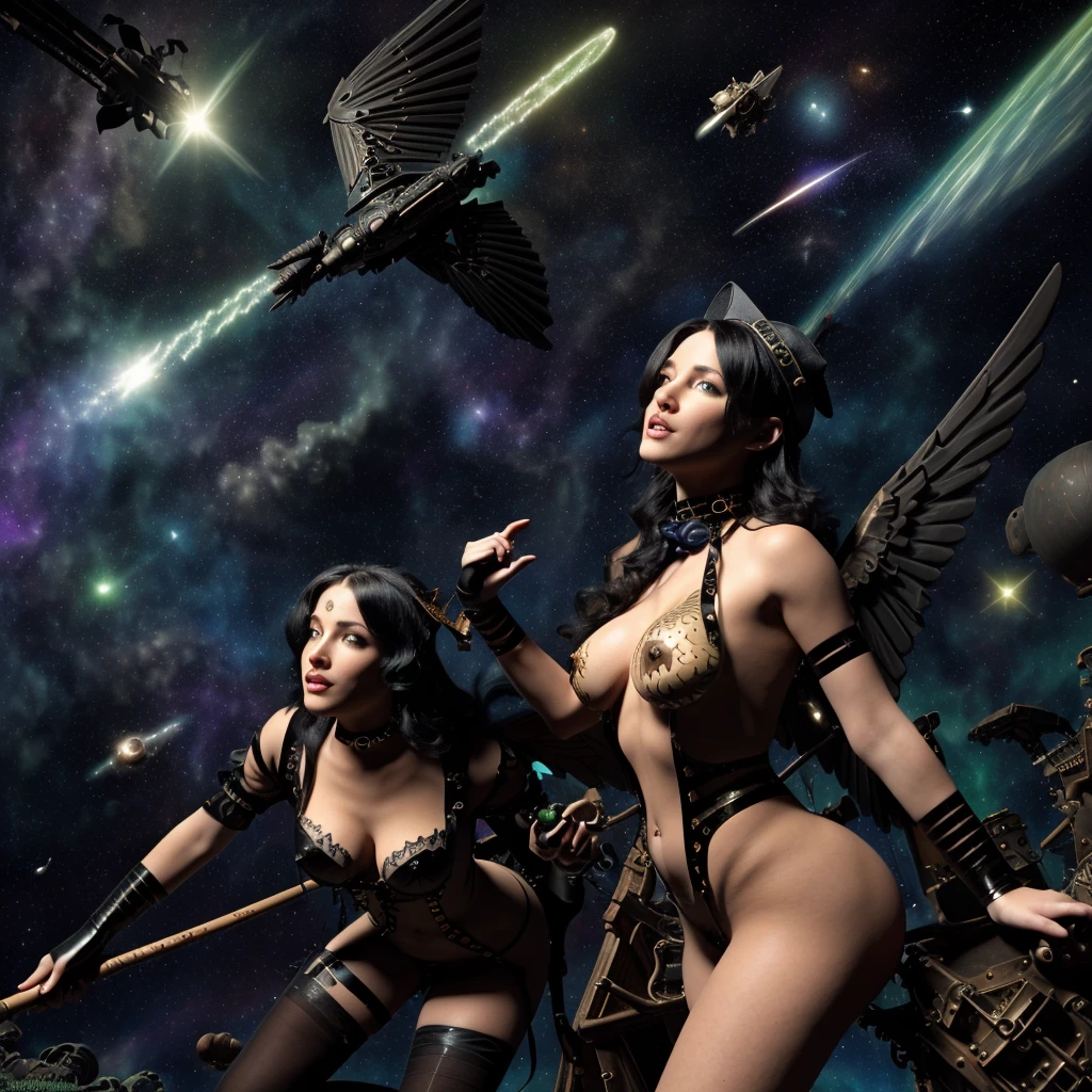 steampunk, several sexy witches are racing their broomsticks in space, they are trying to catch a green comet. winged black cats chase and observe. nakedtape, sensual, sexy, enthralling