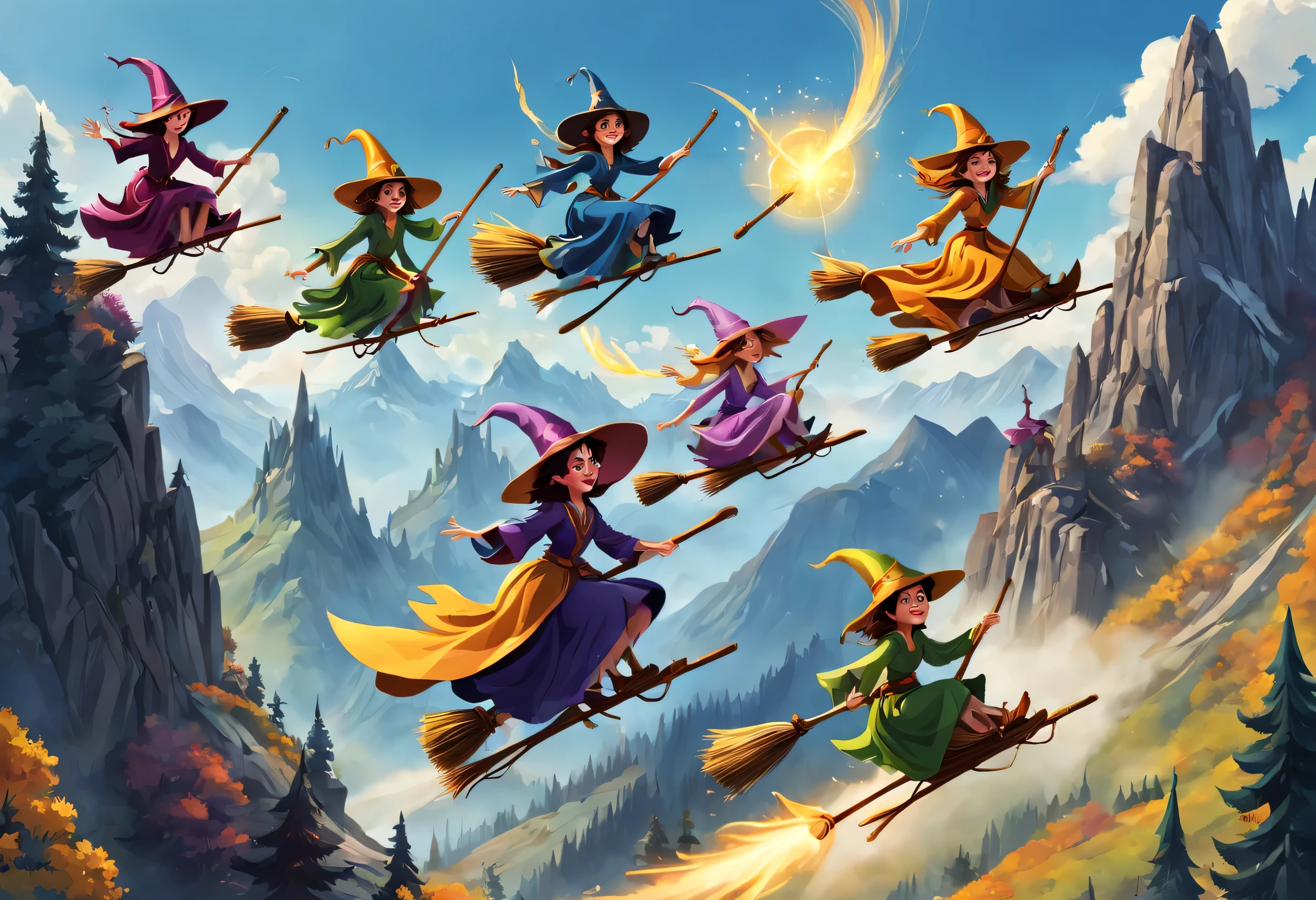 Various cute female wizards on a broom, flying on a broom, riders on a broom, riding on a broom, flying on a broom, cowboy wizards riding on brooms, flying on brooms, sitting on brooms, riding on brooms, wizards and characters, sunny day, mountains, broom riding, broom riding
