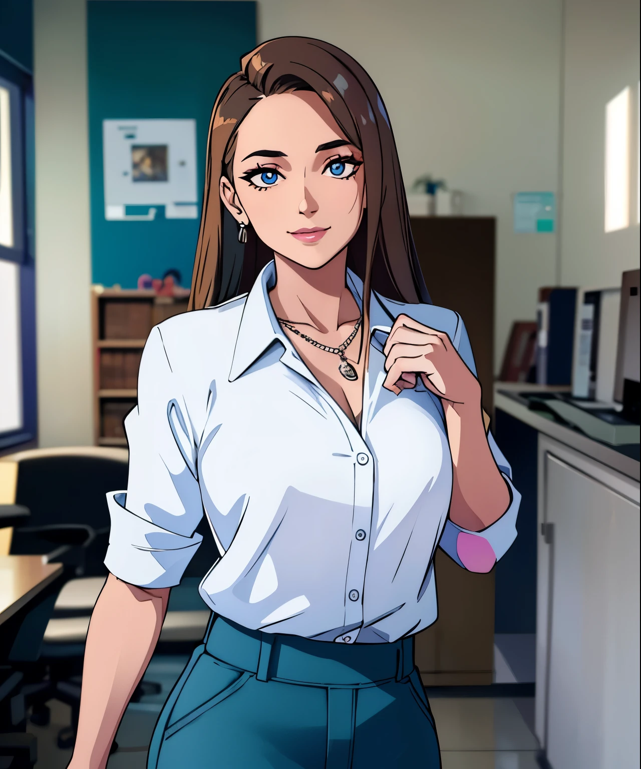 face portrait of 1girl, light long hair, wearing a secretary suit, in an office, (slightly smiling), closeup, (makeup), earring, necklace, detailed eyes, limbal ring, (masterpiece, best quality, high quality), hyperdetailed, highres, high detail, intricate detail, HDR, 8k wallpaper, sharp focus, detailed background, realistic, photorealistic, perfect hands, realistic eyes, detailed skin texture, (blush:0.5), (goosebumps:0.5), subsurface scattering