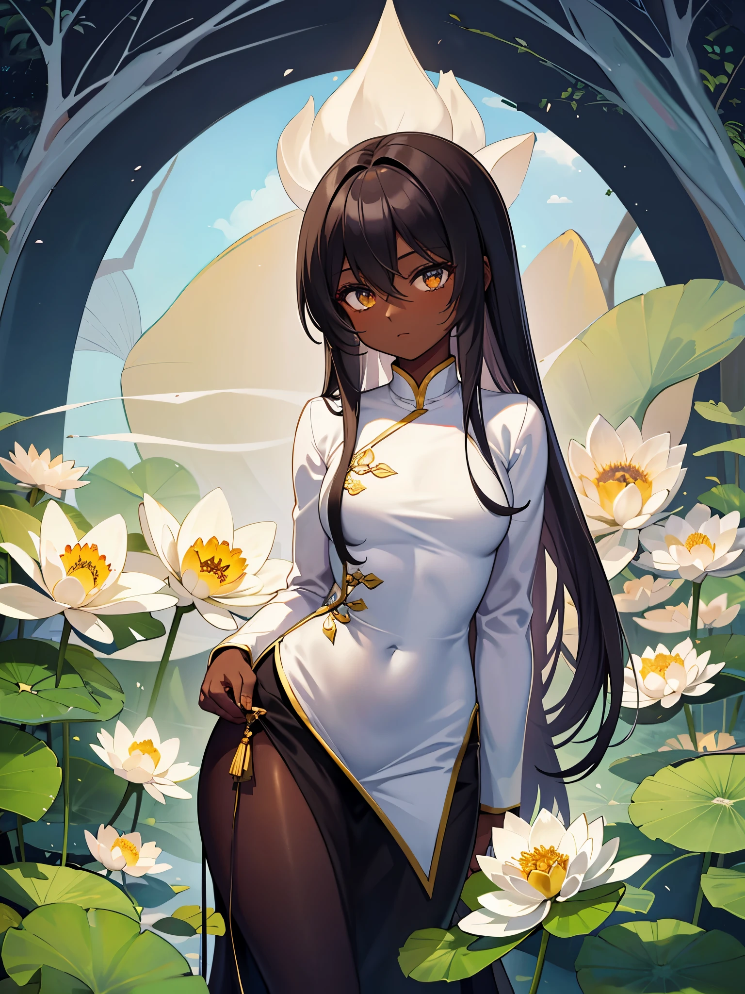best proportions, (dark skin:1.5), A girl in an Ao Dai standing in a garden where lotus flowers bloom, ,dark skin