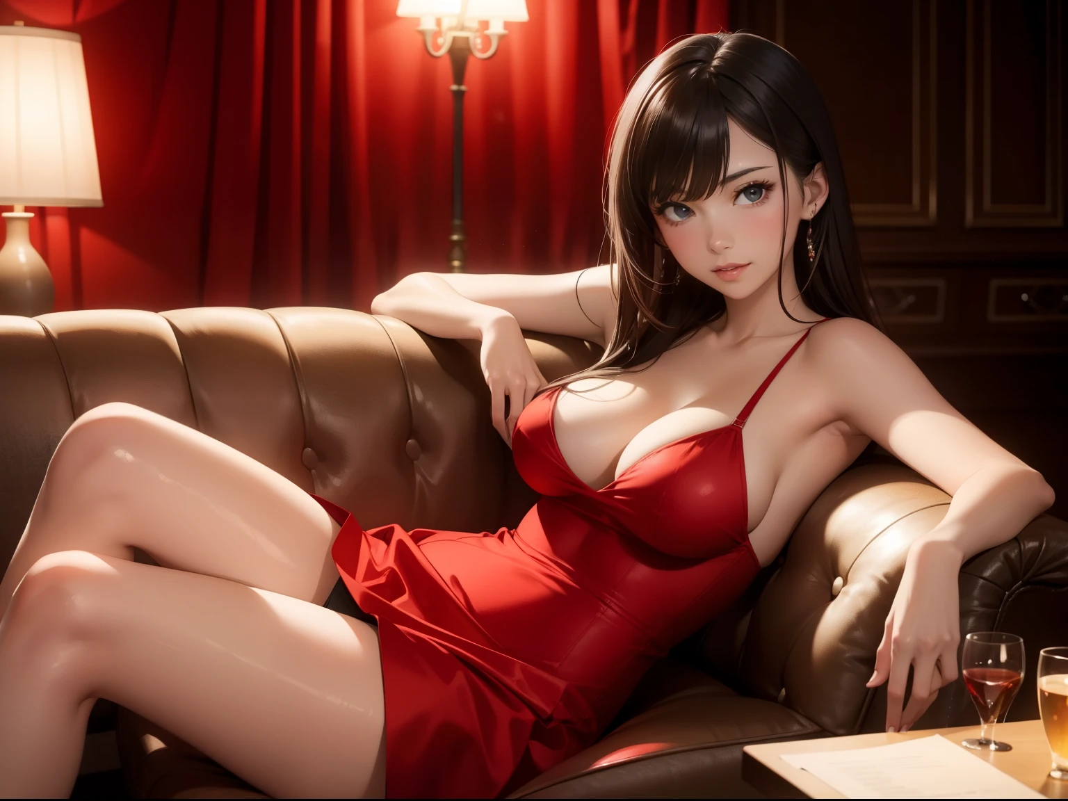 Young sexy woman wearing a red dress sitting on a chair, dim lighting, sexy, hot, lustful