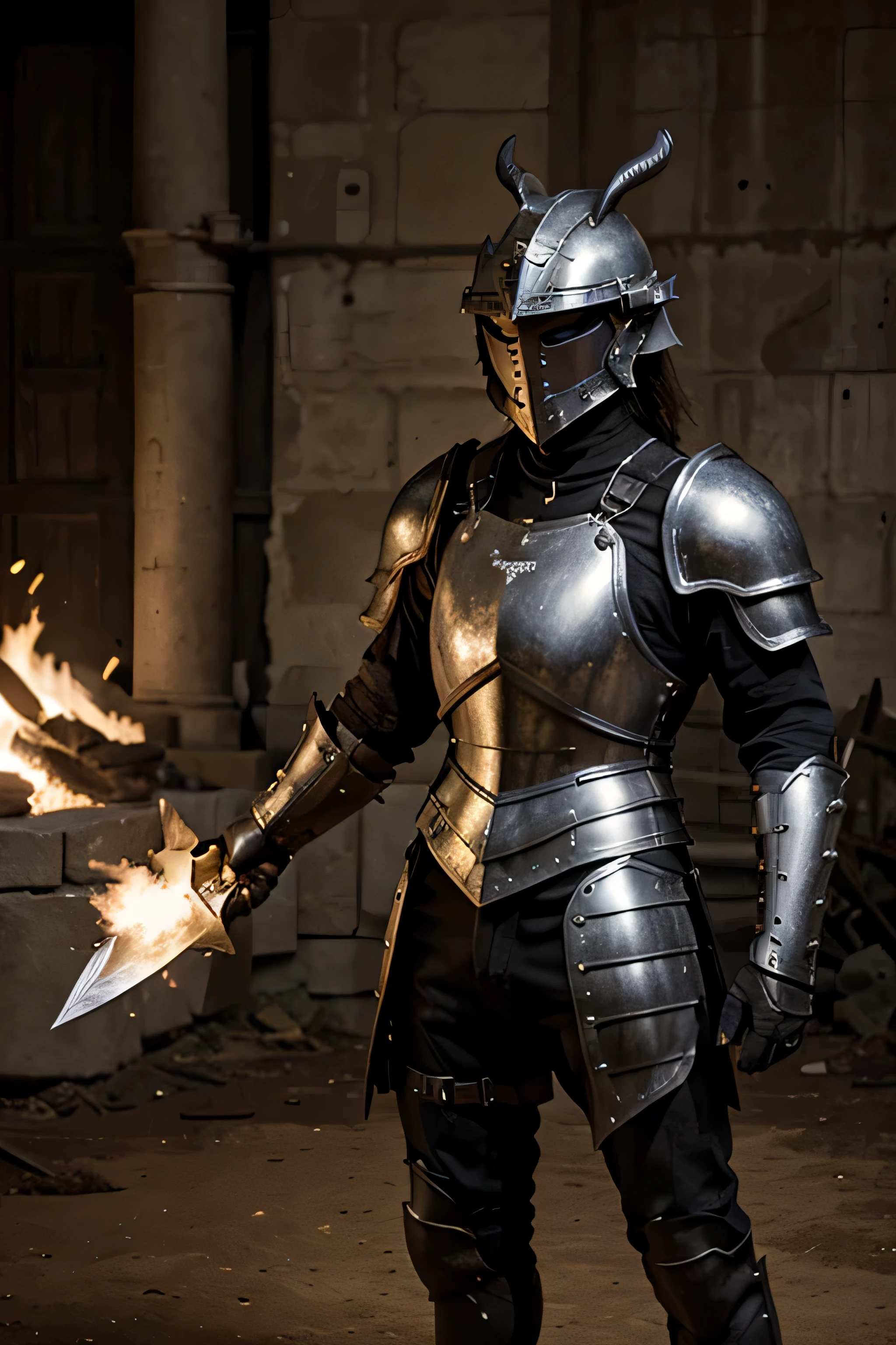 Um lutador humano de Dungens and Dragons, vestindo armadura completa e capacete, sem pose nua