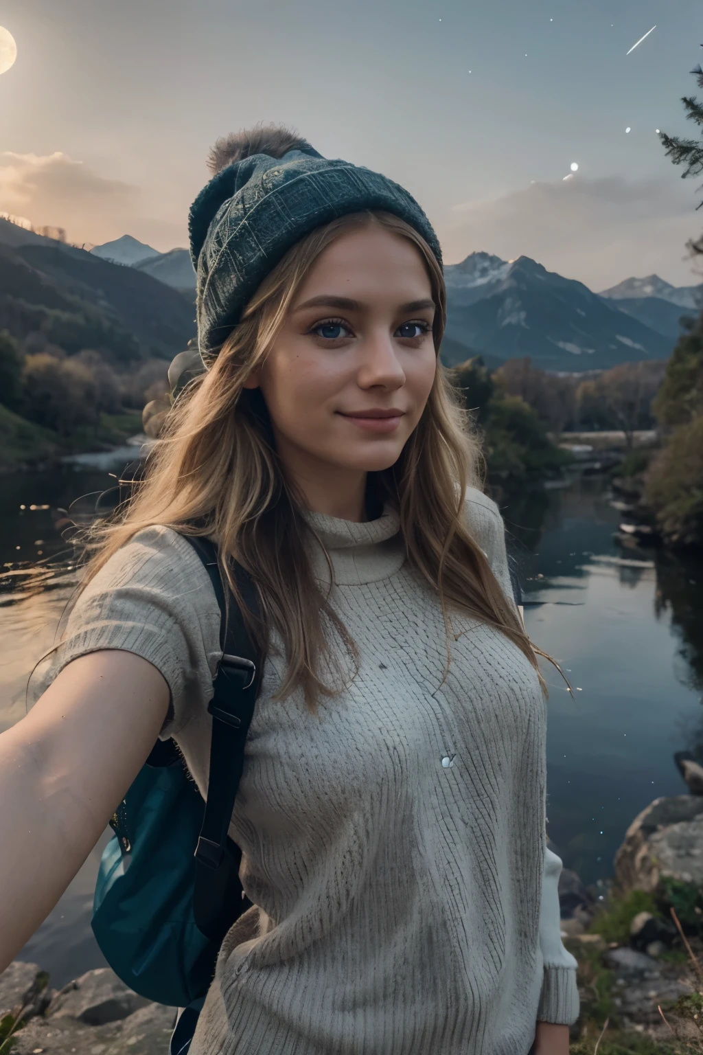 RAW, Selfie photograph,((best quality)), ((masterpiece)), ((realistic)), gorgeous european woman, 24 year old, (long blonde hair), blue eyes, ((upper body selfie, happy)), solo, outdoors, (night), mountains, nature, (stars, moon) cheerful, happy, backpack, sleeping bag, camping stove, water bottle, mountain boots, gloves, sweater, hat, flashlight, forest, rocks, river, wood, smoke, shadows, smiling, innocent, (freckles:0.6), intricate details, highly detailed, sharp focus, professional, 4k, god rays, stunning blue eyes, delicate, innocent, highres, detailed facial features, high detail, sharp focus, smooth, aesthetic, extremely detailed, photo_\(ultra\), photorealistic, realistic, post-processing, max detail, roughness, real life, ultra realistic, photorealism, photography, 8k uhd, photography, SEMI-SILHOUETTE light, european face, instagram, viral instragram photo