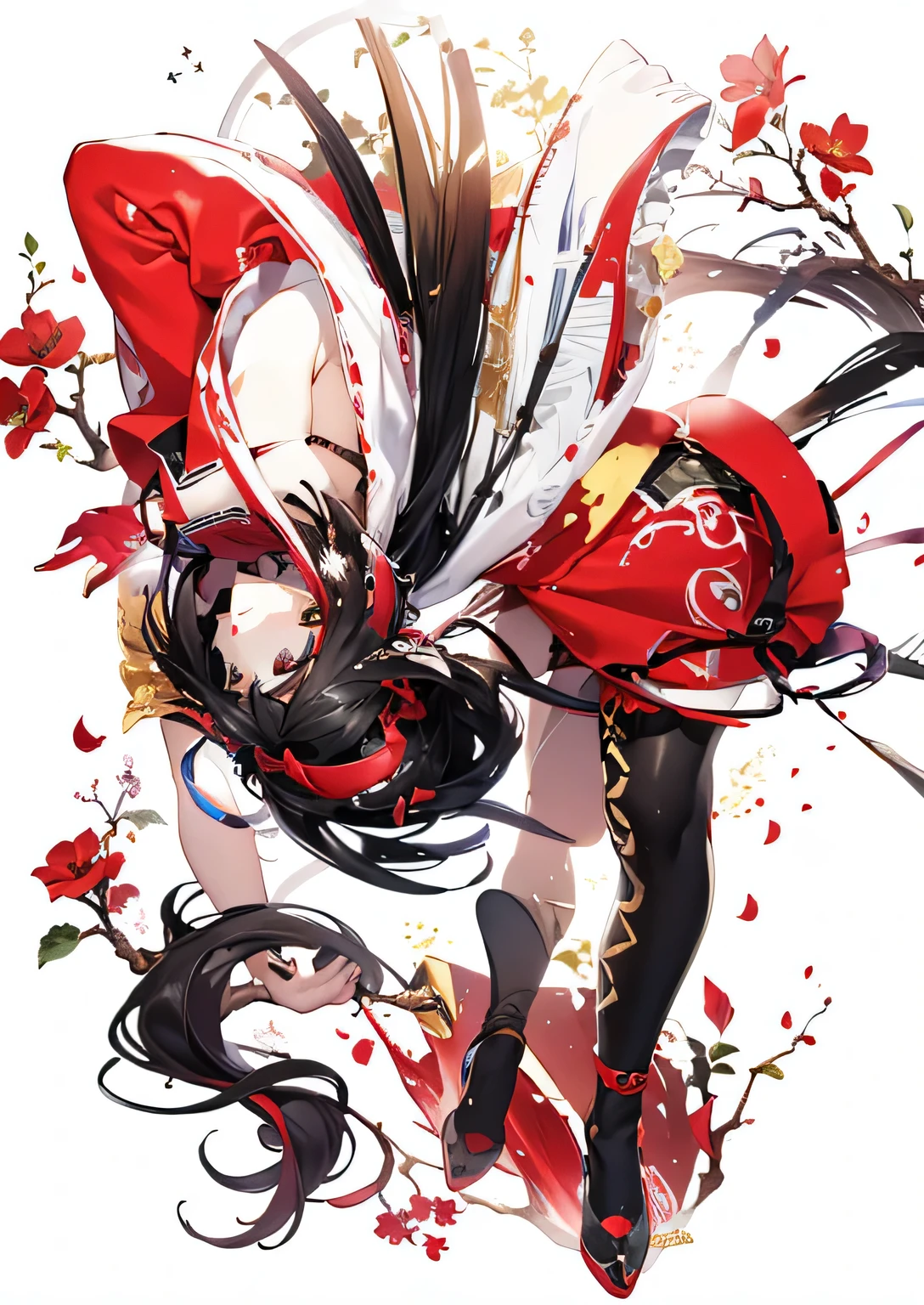masterpiece,best quality,Super beautiful illustrations,A beautiful girl in a red chinoiserie dress,flowing black hair,black pants,red skirt,white skirt,embroidery,