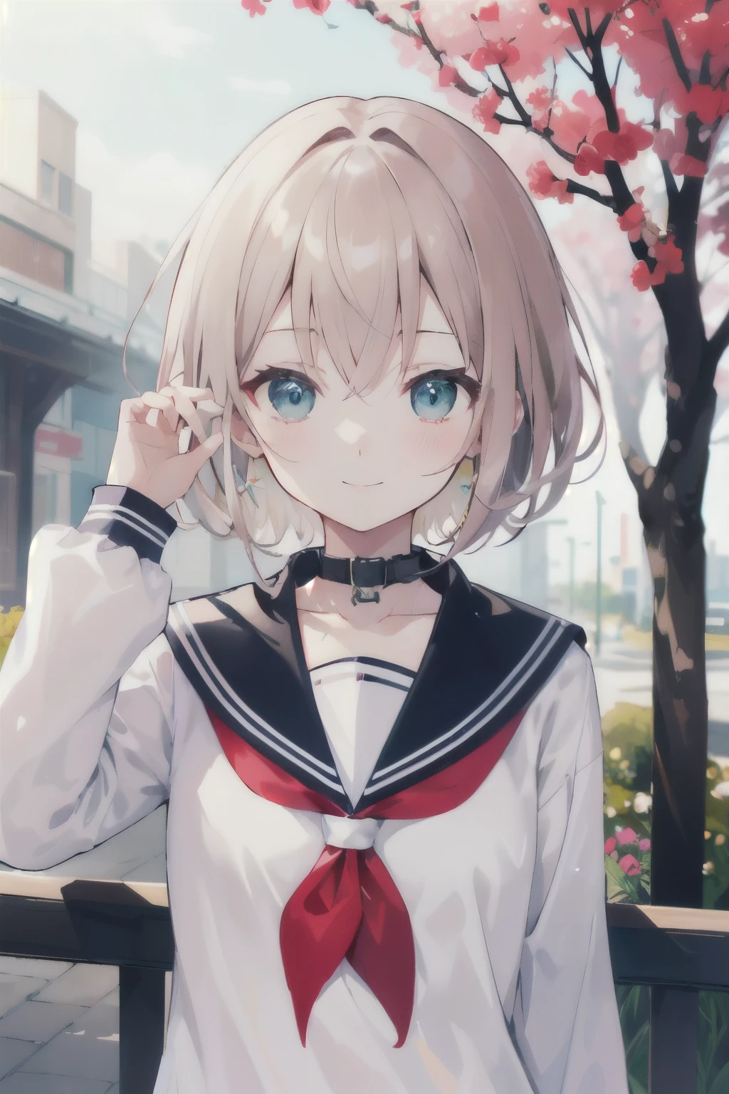 (upper_body:1.5), close, cherry_flower, outdoor, Day, spring_\(season\), 1 girl, smile, 一人in, 前hair, green_eye, blush, closed_mouth, looking for_in_viewer, length_hair, Brown_hair, branch, Eyebrow_appear_through_hair, floining_hair,hair_between_eye, green_crew_collar, serafuku, length_dispel, neckerchief, pleined skirt, pink_flower, flowerびら, wood, white_shirt, Wind, handrail, null , have a guitar, whiteいハイソックスを履いてブラウンの革靴を履いている