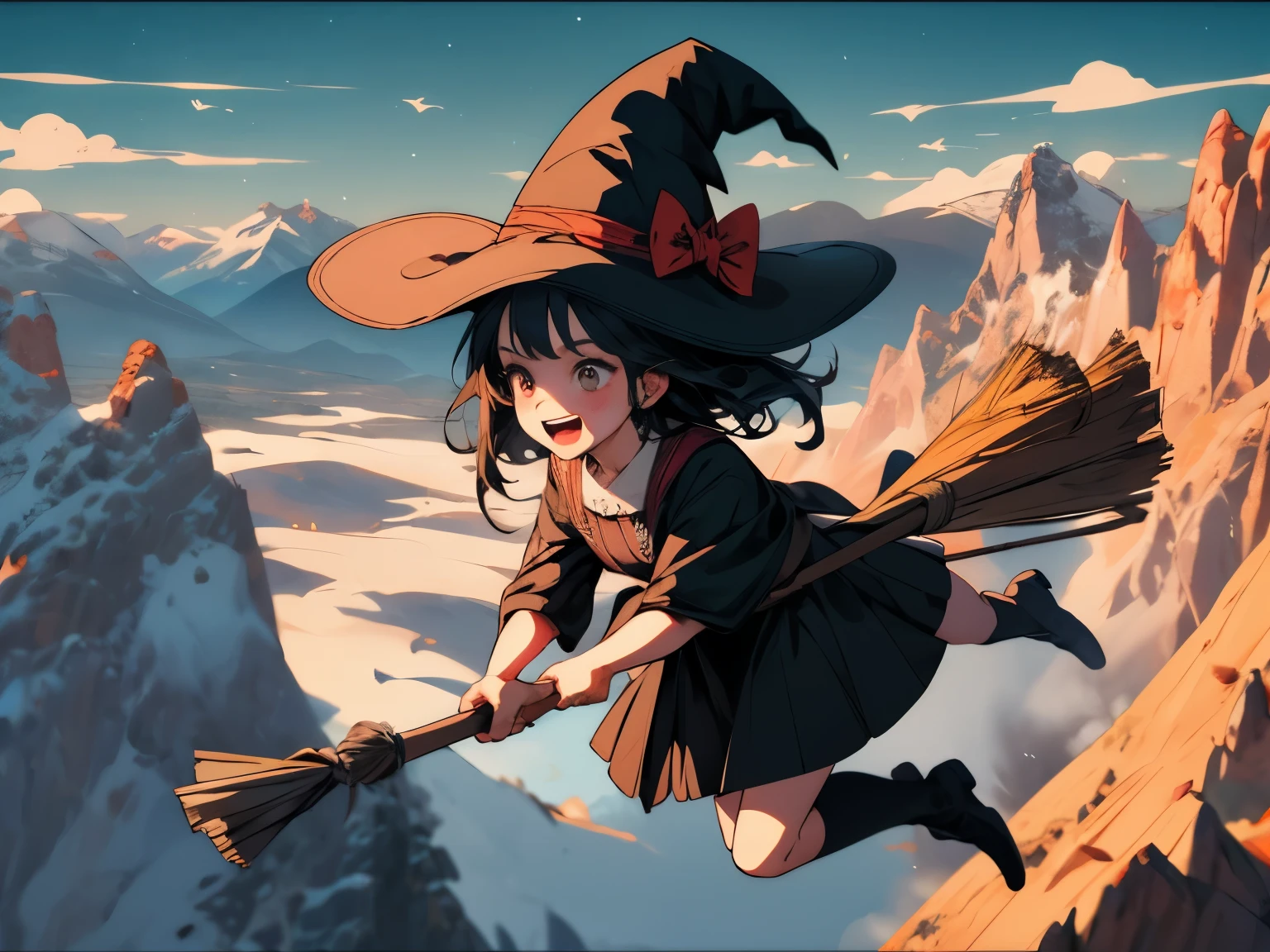 Various cute female wizards on a broom, flying on a broom, riders on a broom, riding on a broom, flying on a broom, cowboy wizards riding on brooms, flying on brooms, sitting on brooms, riding on brooms, wizards and characters, sunny day, mountains, broom riding, broom riding
