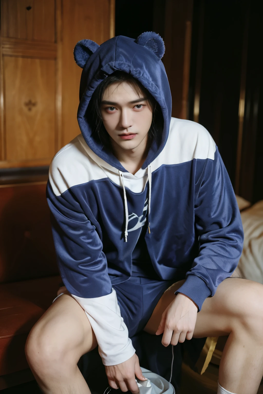 top-quality、masterpiece、超A high resolution、(realisitic:1.4)、详细的脸、独奏、1human male、Dark hair、glistning skin、dense skin、((asian human))、architectural、(absurderes、hight resolution、ultra-detailliert)、、1 male、Adults、(18 year old man)、tall muscular man、broad shoulder、extra very short hair、angular jaws、thick neck、thick eyebrow、((extra very short hair))、A dark-haired、fine eyes and detailed face、 Highly detailed CG Unity 8K wallpapers、intricate-detail、(Style Swirl Magic:0.7)、looking at the spectator、独奏、(full body Esbian:0.6)、细致背景、A detailed face、dynamicposes、、Urban background、dynamic compositions、 big muscle、、(((Crotch bulge)))、 ((masutepiece:1.4, Best Quality)), ((masutepiece, Best Quality)), (photographrealistic:1.4)、(((Pop bear costume with visible face)))、Half zipper、hoody、 Pubic hair, Open legs, ((Erection 1.2)), emphasis, (Moccoli: 1.4), (Manly chest plate)), Sweating,, Blood vessels in the arm、Cinematic lighting, High quality, Best Quality, 4K, Focus Sharpening,nffsw, 8K, Beautiful face, 1 boy, Wooflamp, Blue hair,Purple suit,hoods, Closed eyes, neon eyes, Hood zipper is closed,Clothing ,((tail)),Rainbow Pride,((Beautiful Chinese Man))、(((Show your face))),Pop atmosphere、colorful room、interesting background,Large men、Gachimuchi