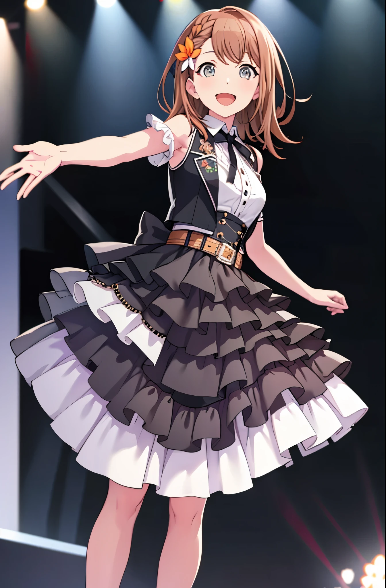 minori3rd, looking at viewer, smile, open mouth, skirt, shirt, hair ornament, bow, ribbon, holding, bare shoulders, jewelry, medium breasts, standing, white shirt, braid, hair bow, boots, frills, sleeveless, shiny, collared shirt, belt, armpits, vest, high heels, shiny hair, fingernails, dutch angle, black bow, neck ribbon, white footwear, standing on one leg, white skirt, frilled skirt, wing collar, outstretched arm, microphone, orange bow, dot nose, ankle boots, layered skirt, holding microphone, singing, idol, clover, waist bow, stage, stage lights, glowstick, clover hair ornament, idol clothes, single horizontal stripe, concert, audience