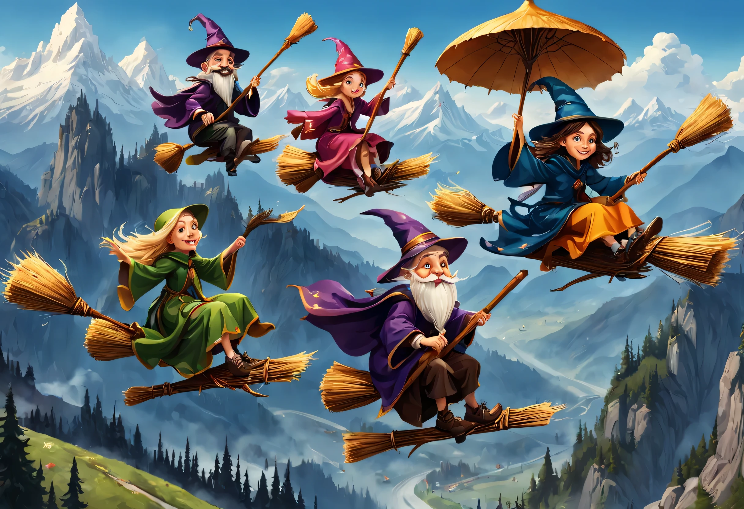 Various cute female wizards on a broom, flying on a broom, riders on a broom, riding on a broom, flying on a broom, cowboy wizards riding on brooms, flying on brooms, sitting on brooms, riding on brooms, wizards and characters, sunny day, mountains, broom riding, broom riding
