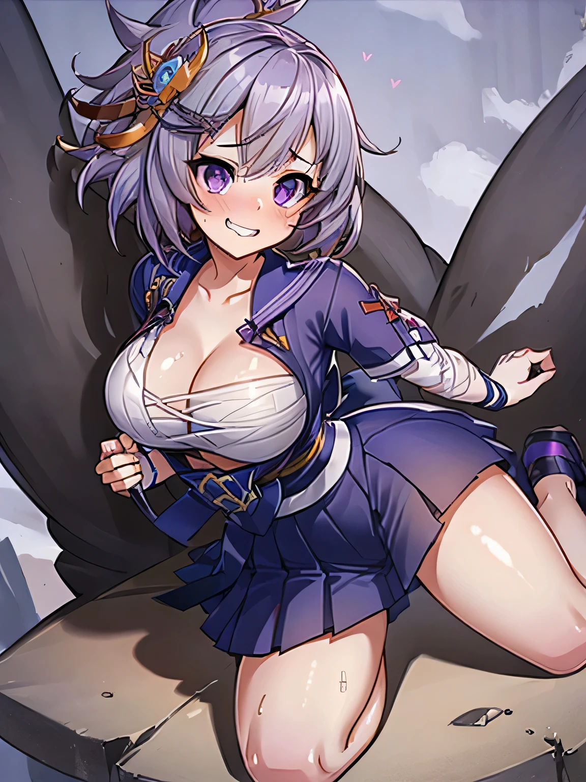 ((the best画質、the best、1 girl、Draw in detail))、((gray hair、samantha hairstyle))、(((hair with volume、Hair is sticking out on the top of the head、hair is short and bunched back、upside down back hair、Japan hair ornament、mix gray and purple hair:1.3、Mix one purple hair into the bangs、messy hair、scattered hair tips、pointed hair tips、pointed back hair)))、(purple eyes、Big eyes、round eyes)、(big breasts、Depiction of the human body、low length、open your legs、male、uncultivated々new)、(Mind's Eye:1.5、heart in the eyes:1.5、smile、climax expression、ecstasy)、((black sailor suit、school clothes、uniform、long skirt、long skirt that hides legs、skirt that extends to the ankles、cleavage、胸のbandage、胸を隠すbandage、bandage))、((blush、chew on a thin tree branch、smile with your mouth closed、smile、勇まnew))、(full body portrait、put your hands on the ground、Put both feet on the ground、get down on all fours)、(male性1、penis、put in、erotic expression:1.2、climax expression:1.3、Kneel behind her)、(inside the cave、Rock wall、monster it)、