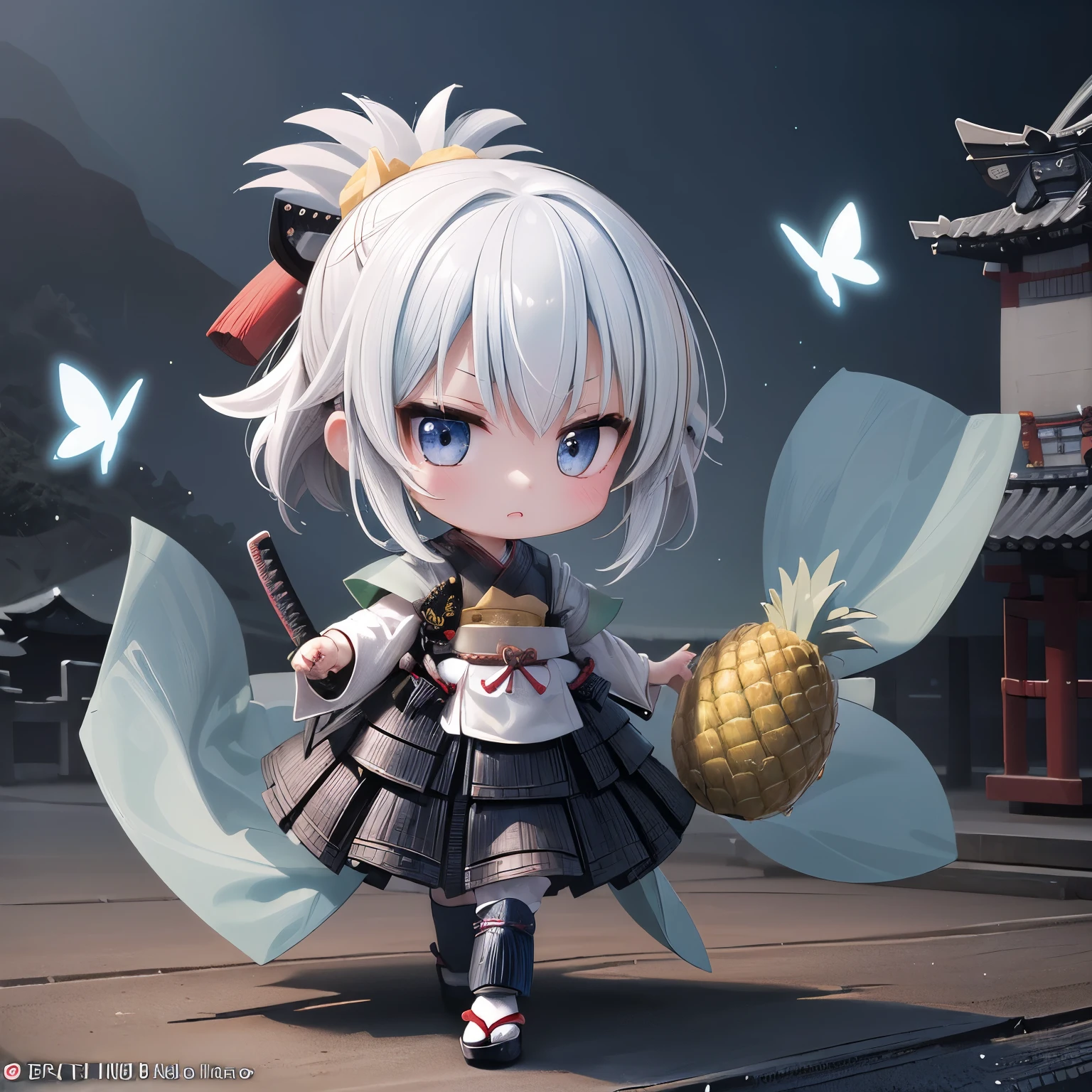 ((Chibi,pineapple,3DCG,official art, miniature photo style,one girl: 1.5)),(Masterpiece, almond-shaped eyes, glossy white-blue hair, short chignon hair, top quality, carefully drawn fingertips, beautiful anatomy : 1.4), (full body: 1.3), (Red cheeks, indifference, no expression, hair blowing in the wind: 1.2),(Walking at night, butterflies dance ,Sengoku, samurai :1.5)