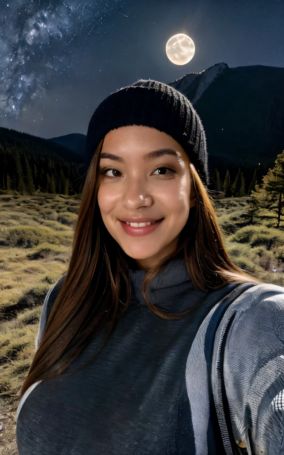 photograph, photo of beautiful woman, selfie, upper body, solo, wearing pullover, outdoors, (night), mountains, real life nature, stars, moon, cheerful, happy, gloves, sweater, beanie, forest, rocks, river, wood, smoke, fog, looking at viewer, skin texture, photo grain, close up, RAW photo