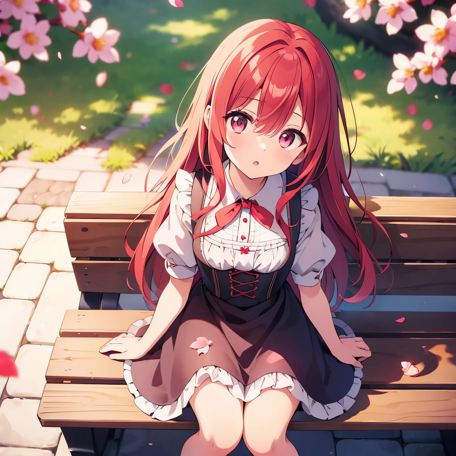 ((solo:1.2)),cute girl sitting on bench in garden,frilled dirndl,from above,looking up,cobblestone pavement,red hair,long hair,(hair over one eye),(dappled sunlight:1.2),blurry,(depth of field:1.1),head tilt,:o,(petals),tree,cherry