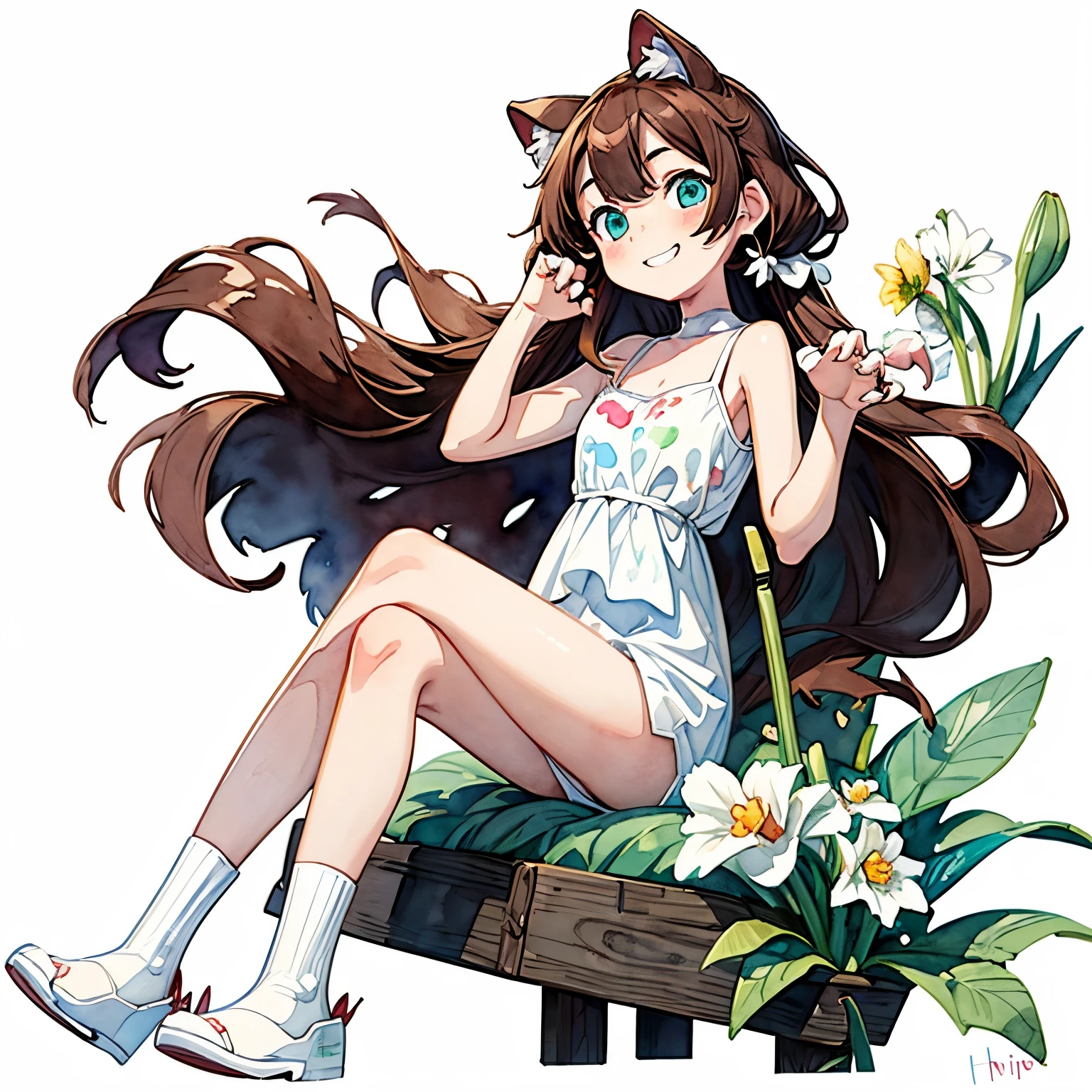 ((Masterpiece)), ((best quality)), (watercolor:1.5),1girl, solo, put on cat ears, grin face, Full body, ((claw pose)), sitting on pier, (oversized white camisole), (aqua eyes), (daffodil), (hyacinth), signature, red flower, pale brown hair, long hair, green eyes, cute earring, scumulonimbus cloud, landscape, (on the Tip of the pier), the lake, (simple white background:1.9),