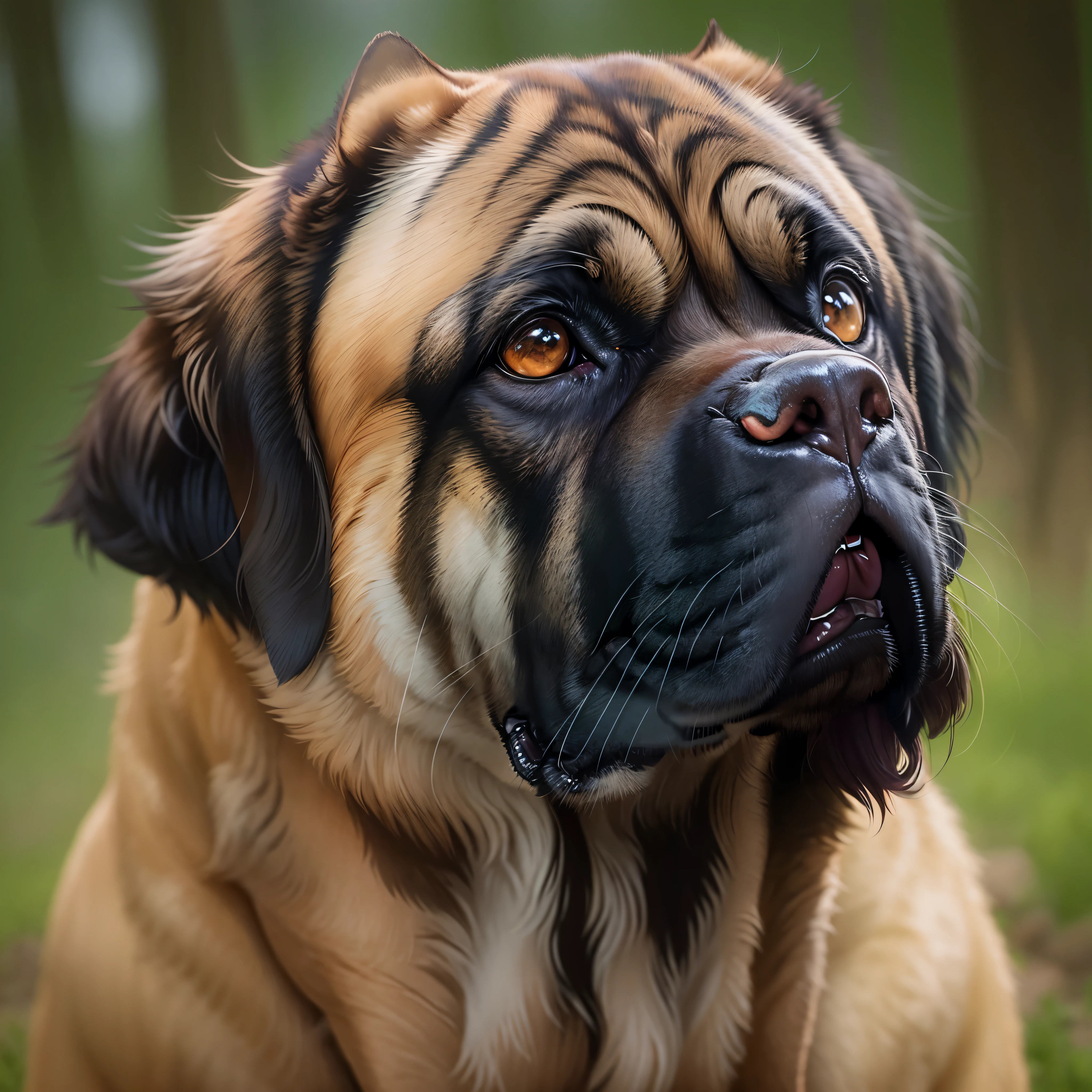 Create a stunning image that captures the majesty and captivating personality of the English Mastiff. Explore the breed'It's a charming beauty, highlighting details as a noble expression, o porte imponente e a pelagem luxuosa. Use techniques that enhance the magical atmosphere around this canine specimen, creating a visual masterpiece that conveys the unique essence of the English Mastiff. The image should evoke emotion and fascination, providing readers with an engaging and memorable look at this magnificent dog.