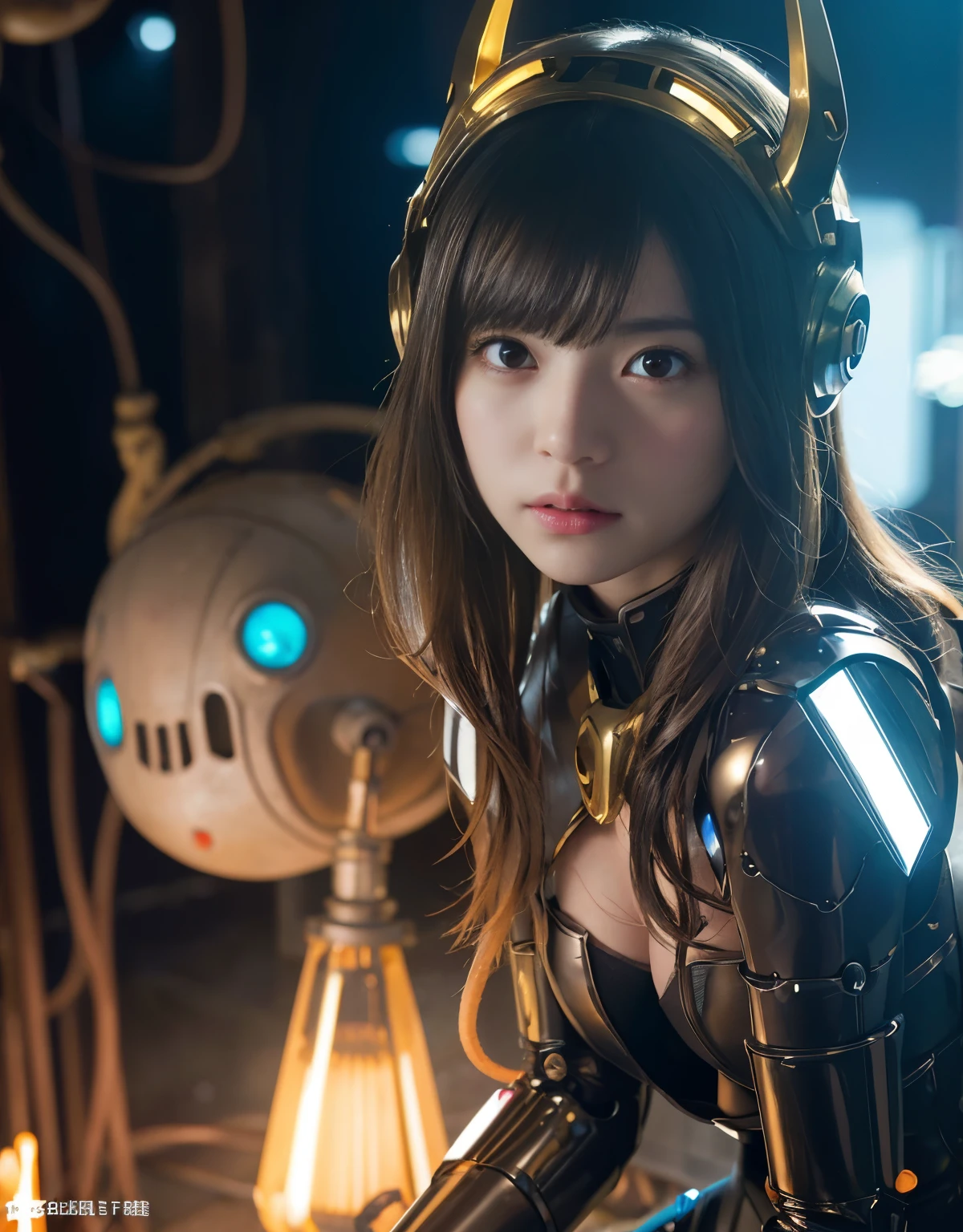 (Background of skimpy mechanical girl and octopus alien)、(Mystical expression)、highest quality、masterpiece、Super high resolution、(Photoreal:1.4)、RAW photo、1 girl、glowing skin、detailed face、(((1 Mechanical Girl)))、Heavy chest、(gold metal bodysuit)、(Natural alien background to fight aliens)、(Small LED)、((Super realistic details))、vertical giant monster background),global illumination、Shadow、octane rendering、24K、super sharp、robotの背景、big breasts、Raw skin exposed in the cleavage、intricate decorative details、Japan details、very intricate details、realistic light、(Mystical expression),CG Society Trenlow Eyes、Eyes shining towards the camera、Mechanical marginal blood vessels connected to neon detail tubes)、(Wires and cables connecting to the head)、Small LED、,mechanical thighs、two stock、(Hands are also made of machines)、robot、future alien、Please wear a mechanical helmet、transparent face guard on helmet,