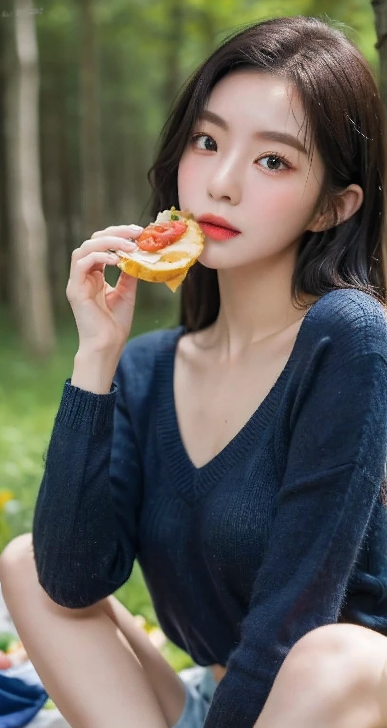 Best Quality Detail:1.2, realisitic, 8K UHD, hight resolution, 1girl in:1.2, The ultra-detailliert, High quality textures, intricate detailes, detaileds, Very detailed CG, High quality shadows, Detail Beautiful delicate face, Detail Beautiful delicate eyes, depth of fields, Ray traching, masterpiece, best quality,ulzzang -6500-v1.1:0.6, pureerosface_v1, Pretty korean Girl, Korean Urzan Face:1.1, milf, 28 year old woman,long neon dark blue hair,shiny_skin,thin_waist,huge breasts,blushing face,wearing a red lowneck long_sleeve knit sweater and mini plisket, night, eating food, 4K 8K UHD Full Color RAW Photos, Fuji Film(Medium format:1.2), Hasselblad:1.2, Carl zeiss:1.1, Incredible dynamic range photography(UTIL_Art by Smoose-768:1.1), hight resolution, High pixel count, clear details, crisp image, Natural color reproduction, Noise Reduction, High fidelity, qulity, Software Improvements, Upscaling, Optimized algorithms, Pro-level retouching,crowd:1.1,depth of field,looking at viewer,eating at a picnic,random pose sitting at the summer forest picnic ,random pose, picnic in the forest,