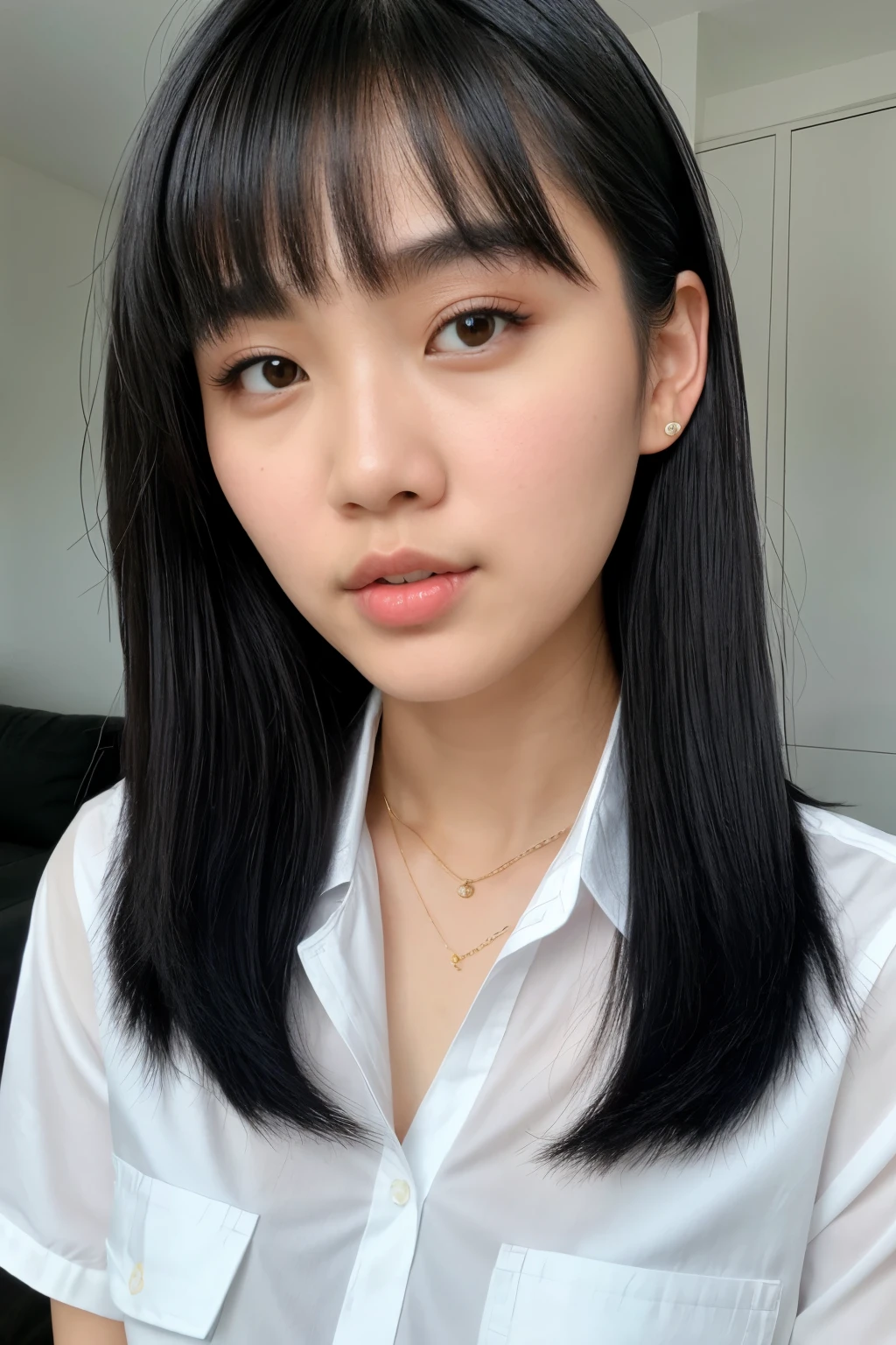 Karin, a Thai girl, half Chinese, has a slightly square face, beautiful sharp eyes, a high nose, black hair, very white skin, wears a blue shirt and pants, wolf cut hairstyle.