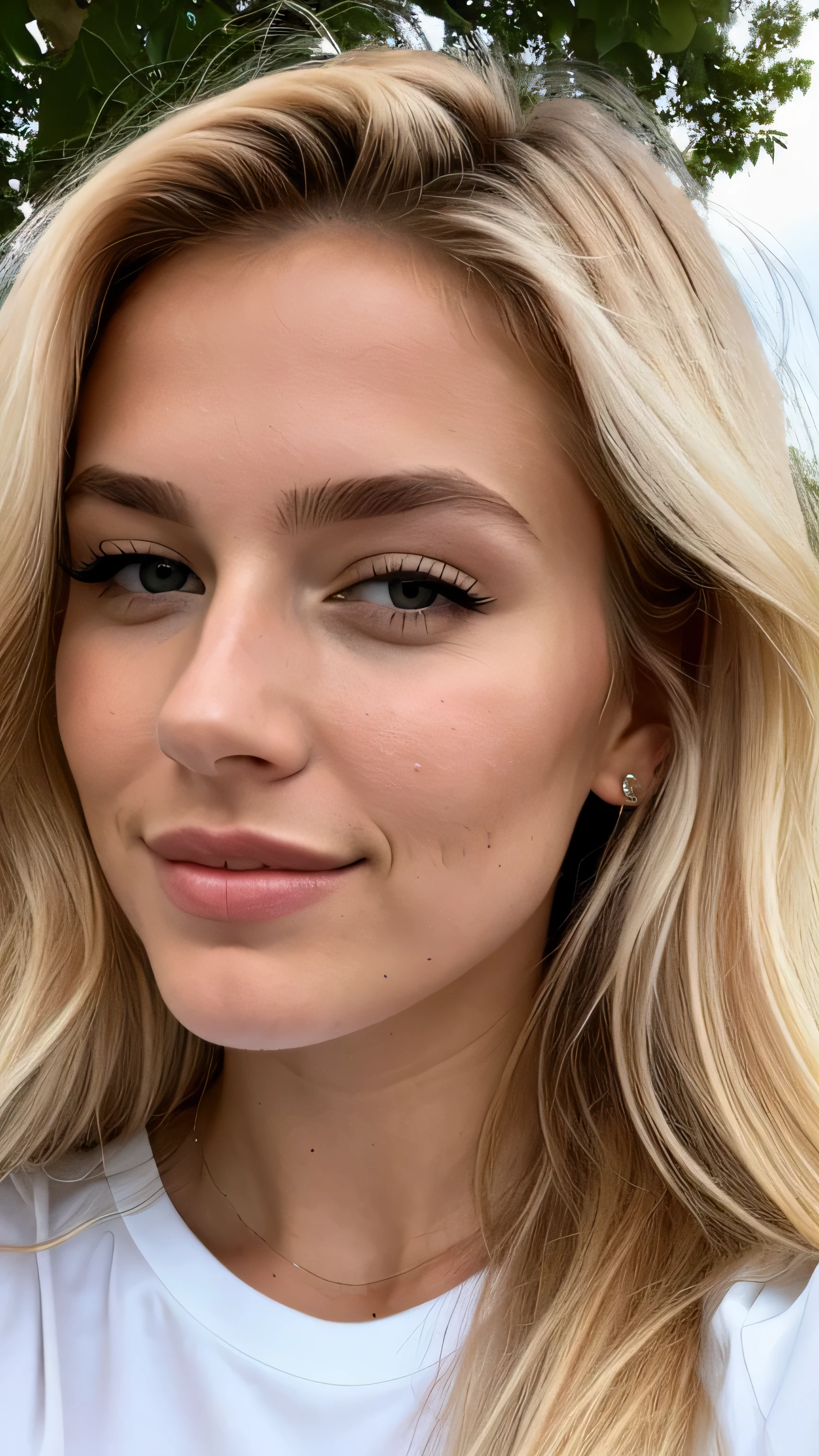 une femme blonde de 23 ans prend un selfie en plein air au soleil, Photorealism, Blonde Hair with Light Brown Roots, cheveux blond, Cheveux avec des racines brunes, Very long hair, yeux bleus, belle femme, vue de face, Extreme close-up of the face, zoom sur le visage, Elegant white shirt, stylish black shorts, high quality, selfie, profondeur de champ courte