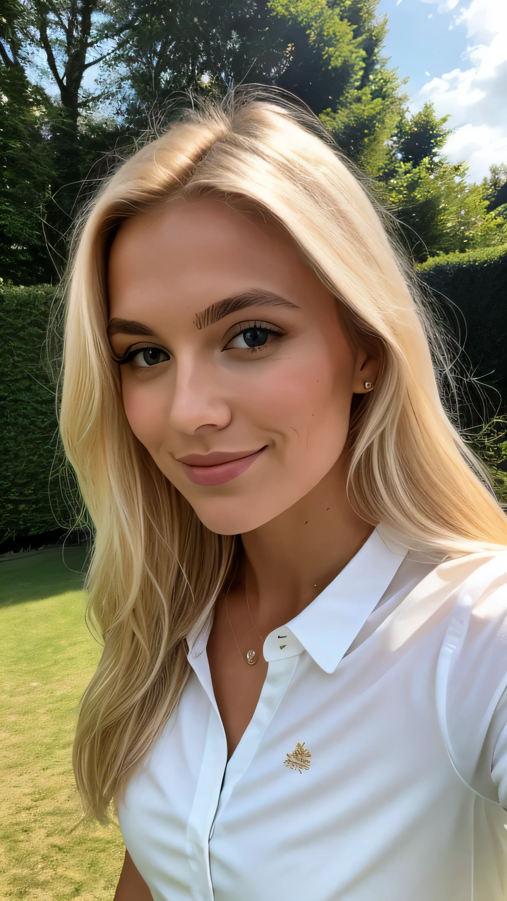 une femme blonde de 23 ans prend un selfie en plein air au soleil, Photorealism, Blonde Hair with Light Brown Roots, cheveux blond, Cheveux avec des racines brunes, Very long hair, yeux bleus, belle femme, vue de face, Extreme close-up of the face, zoom sur le visage, Elegant white shirt, stylish black shorts, high quality, selfie, profondeur de champ courte