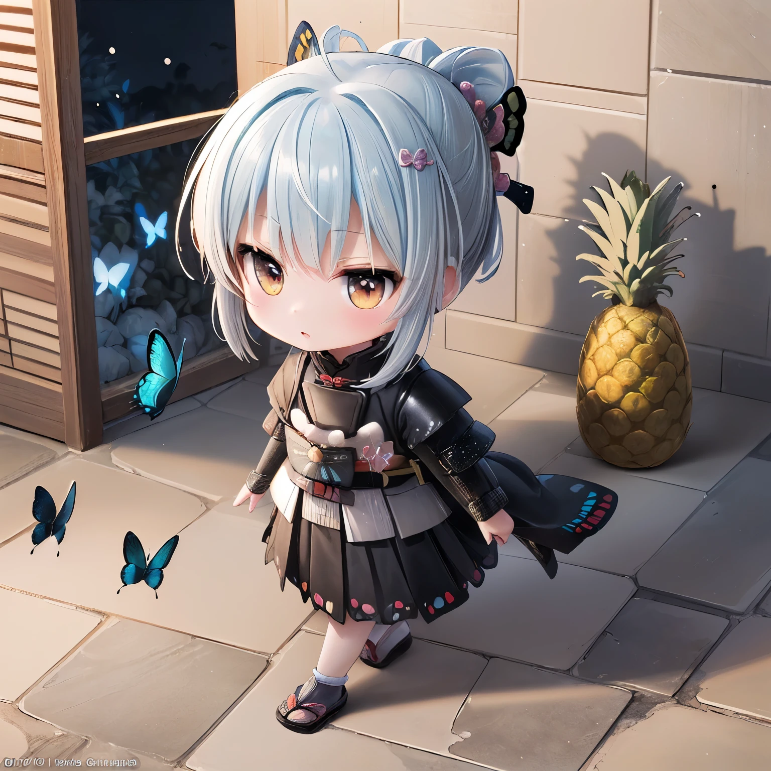 ((Chibi,pineapple,3DCG,official art, miniature photo style,one girl: 1.5)),(Masterpiece, almond-shaped eyes, glossy white-blue hair, short chignon hair, top quality, carefully drawn fingertips, beautiful anatomy : 1.4), (half body: 1.3), (Red cheeks, indifference, no expression, hair blowing in the wind: 1.2),(Walking at night, Social reform, government reform,stone floor, butterflies dance ,Sengoku, samurai :1.5)