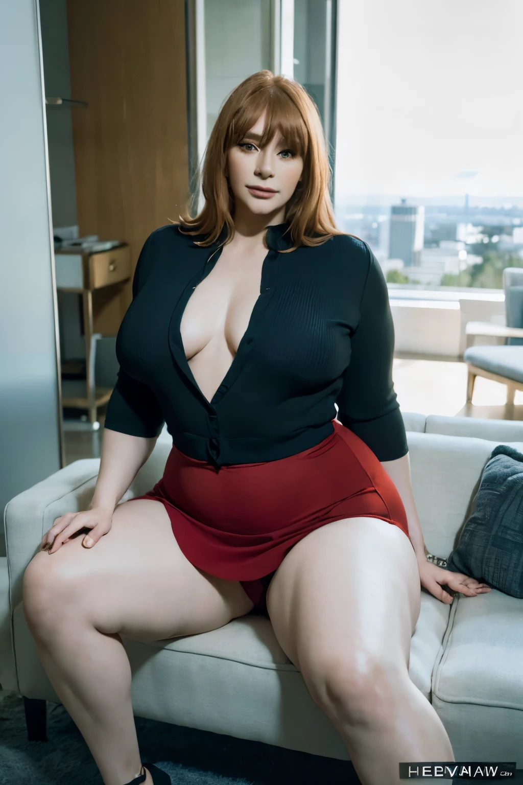 1girl, 43 years old milf plus size, Bryce Dallas Howard, red hair, I'm wearing professional psychiatrist attire: blouse under skimpy blazer and skimpy skirt accentuate my fleshy body and thick arms, I'm wearing glasses looking at viewer seductively, (I'm fully clothed:1.65), (crossing legs - I'm sitting on psychiatrist couch), voluptuous, thick, curvy model body, fleshy juicy hips, glossy sweaty skin, (psychiatrist's office:1.2), upper body portrait, sexyposture, ((8K 、RAW photos、top-quality、tmasterpiece)、 Film Grain、High Detail RAW Color Photo Professional Photo、(hentail realism、Photorealism:1.37)、(top-quality)、(Best shadows)、(The best illustrations)、 8k wallpaper、physically-based renderingt、Cinematic lighting),