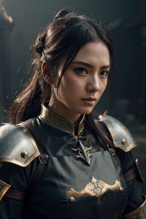 epic medieval woman warrior china style,look badass,  dressed colour clothes,  accurate hands, shredded,smoke  in the background, macro image detailed shots, badass look  perfect eyes, best quality, extremely sharp focus face cinematic, realistic, trending artstation  focus,studio photo,strong