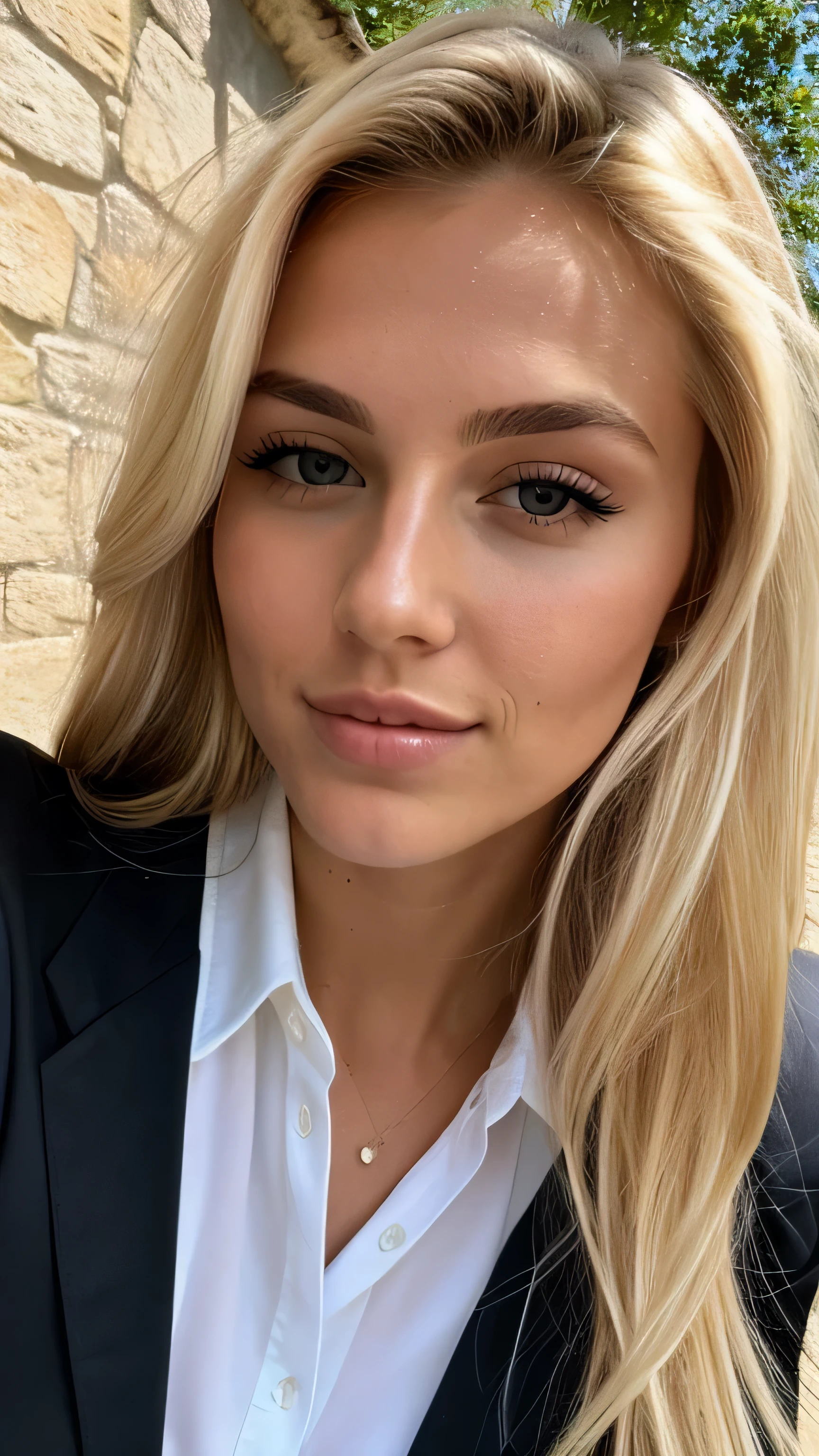 une femme blonde de 23 ans prend un selfie en plein air au soleil, Photorealism, Blonde Hair with Light Brown Roots, cheveux blond, Cheveux avec des racines brunes, Very long hair, yeux bleus, belle femme, vue de face, Extreme close-up of the face, zoom sur le visage, Elegant white shirt, stylish black shorts, high quality, selfie, profondeur de champ courte