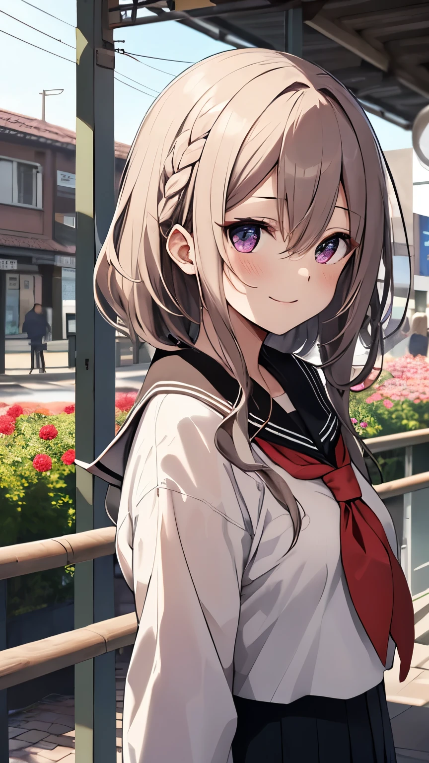 (upper_body:1.5), close, cherry_flower, outdoor, Day, spring_\(season\), 1 girl, smile, 一人in, 前hair, green_eye, blush, closed_mouth, looking for_in_viewer, length_hair, Brown_hair, branch, Eyebrow_appear_through_hair, floining_hair,hair_between_eye, green_crew_collar, serafuku, length_dispel, neckerchief, pleined skirt, pink_flower, flowerびら, wood, white_shirt, Wind, handrail, null , have a guitar, whiteいハイソックスを履いてブラウンの革靴を履いている
