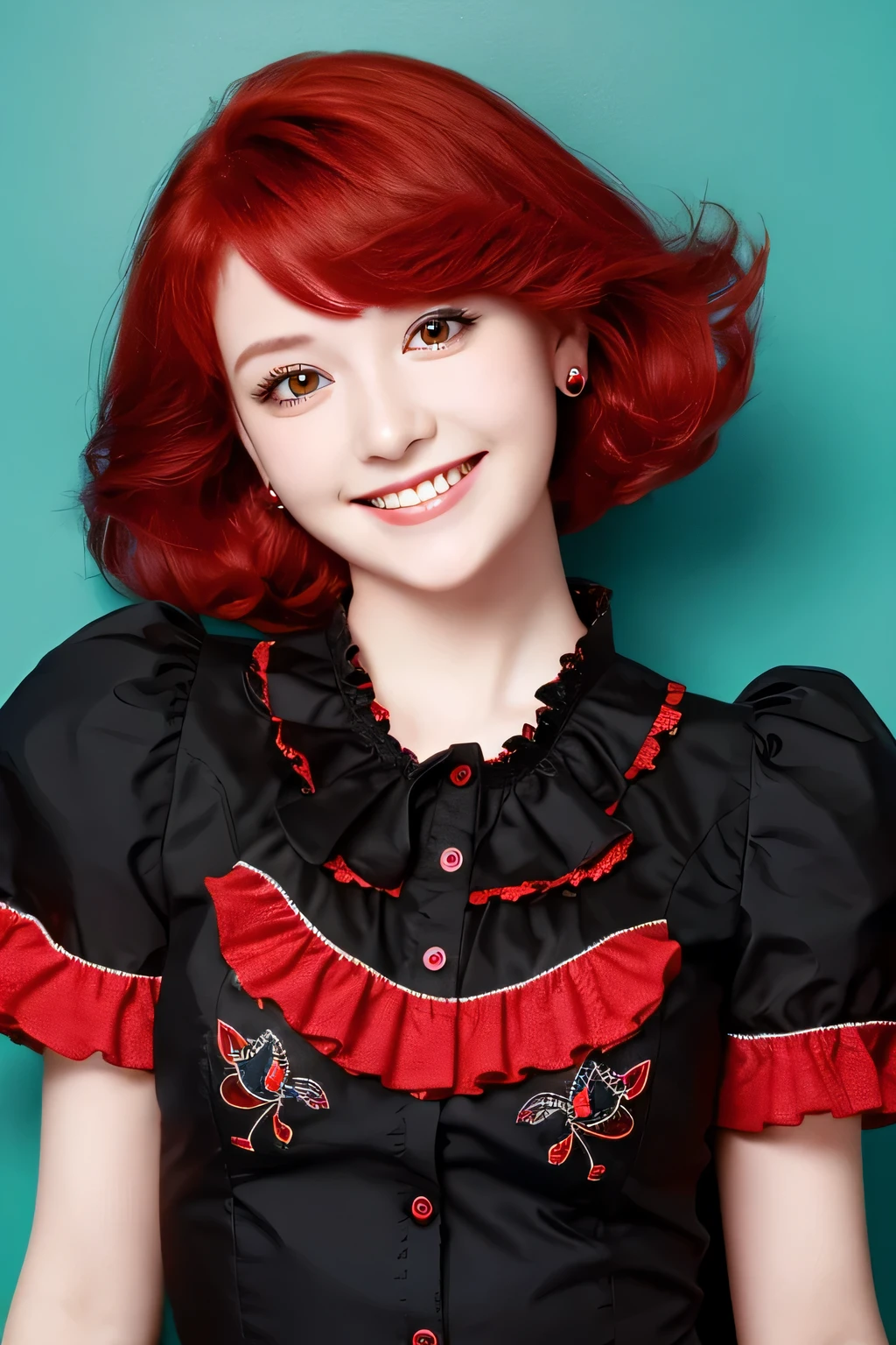 highest quality, masterpiece, black hair, red eyes, look up, Upper body, cute, frill shirt, smile,redhead