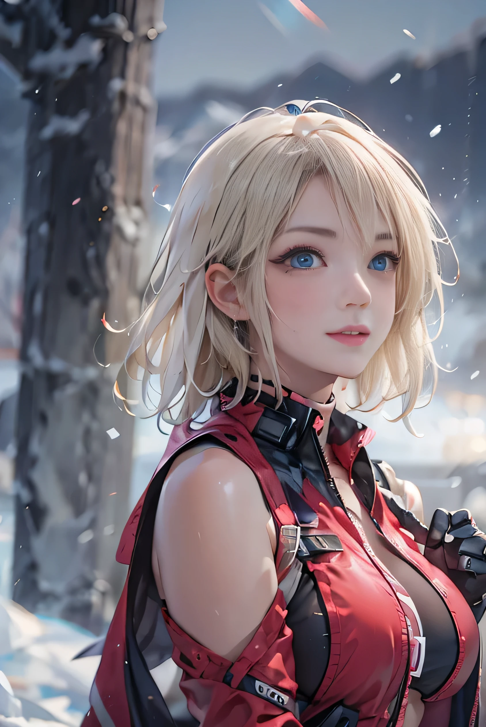 (photorealistic:1.5, highest quality,masterpiece,High resolution,muste piece),(sony a7, 35mm lens, f1.8, film gain),snow mountainに立つ1人の23歳の女性,cyber punk,(Red Micro Bikini:1.5,Down jacket:1.3,choker), beautiful skin, (looking at the camera:1.2),(Photo seen from the front bottom:1.3),(Medium Hair:1.2,bright blonde:1.5), expression( Impish Smile:1.3,blushing:1.3),Pause( Seductive pose:1.5),background(snow mountain:1.5,ruins,apocalyptic world),(Medium chest,slender, abs:1.2), (Underwear visible through clothing),(Butt visible through clothes),(detailed perfect face),normal hands:1.5,normal finger:1:5,normal feet:1.5,(cameltoe)