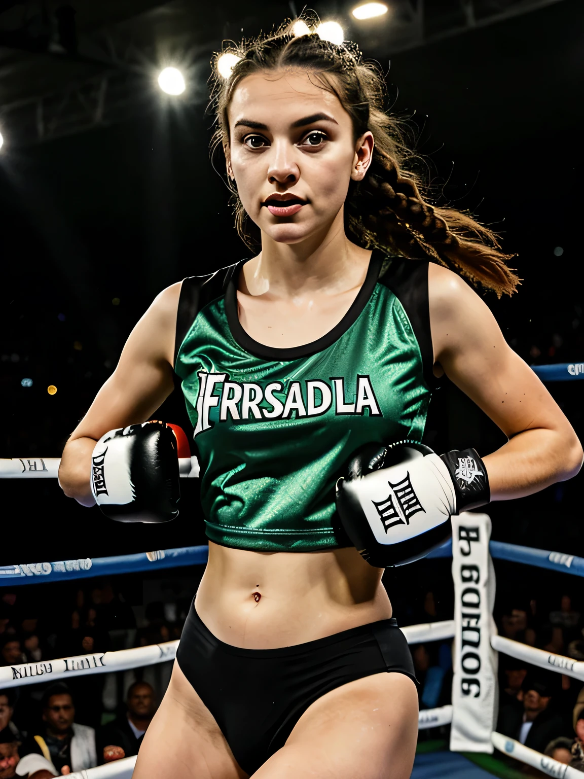 Imagem de duas jovens lindas de 18 anos lutando boxe entre si, bravas, nervosa, bad girl, petit teen, seios grandes, usam blusa top, decote ousado e sexy, Serious, malvada, brava, irritada, cara de mau, branca, beautiful Brazilian and the other Asian, in fighting position, boxing gloves on hands, hands at chin height, one has her arm stretched forward punching the face of the other girl in the fight, bunda grande perfeita, coxas grossas e fortes, with beautiful braided and combed hair, olhos lindos, olhos verdes brilhantes, eyes as green as possible, bota de salto alto brilhante, usando top curta e short preto colado no corpo, em sala fechada, Parede com ladrilhos de metal preto, (discoteca lotada e escura, luz escura e mal-humorada: 1.2), (foto de corpo inteiro), imagem detalhada, as realistic as possible, obra de arte.
