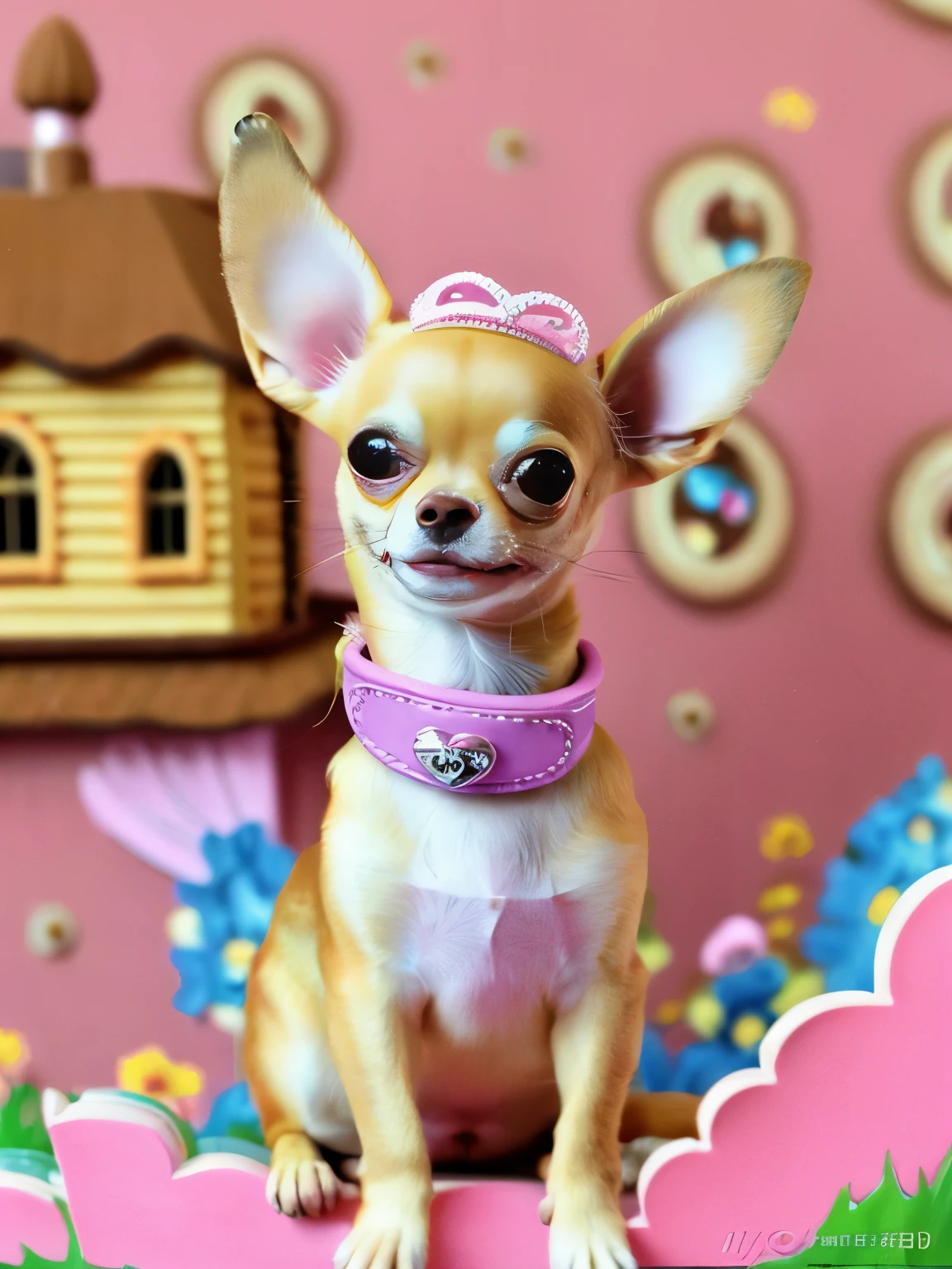 happy fawn chihuahua, wearing a princess collar, sitting, smile, Big eyes, house background, pixer style, ....3D, comics, detailed face, Asymmetrical 16K
