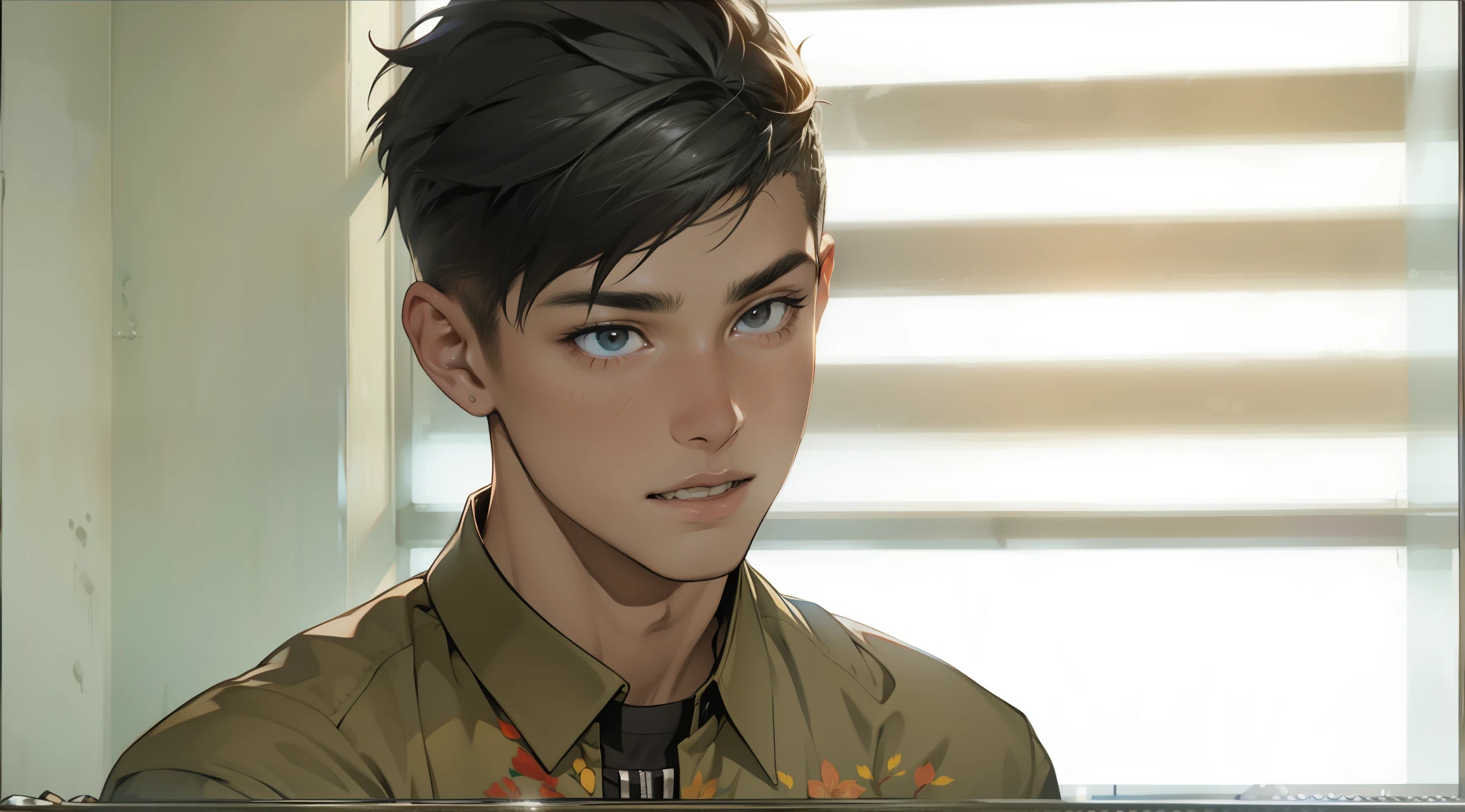 There is a young man speaking with his mouth open, he is 17 years old, handsome, sad, speaking., cabello plateado ojos grises