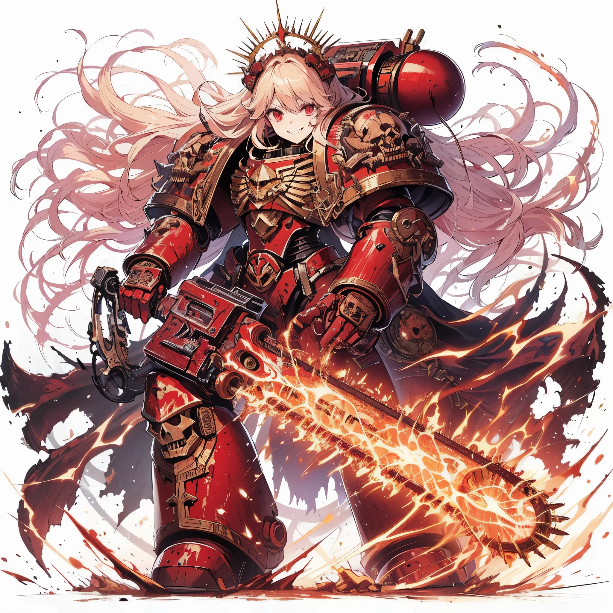 Masterpiece, best quality, ultra-detailed, anime style, full body of Chaos space marine girl, Blood Red and Brass power armor, wild barbarian, held hellish chainsaw sword, supernatural Lightning and flame, ((blood skull symbol)), Warhammer 40K, 8k high resolution, trending art station, white background, whole body, standing in battleground. winning smile
