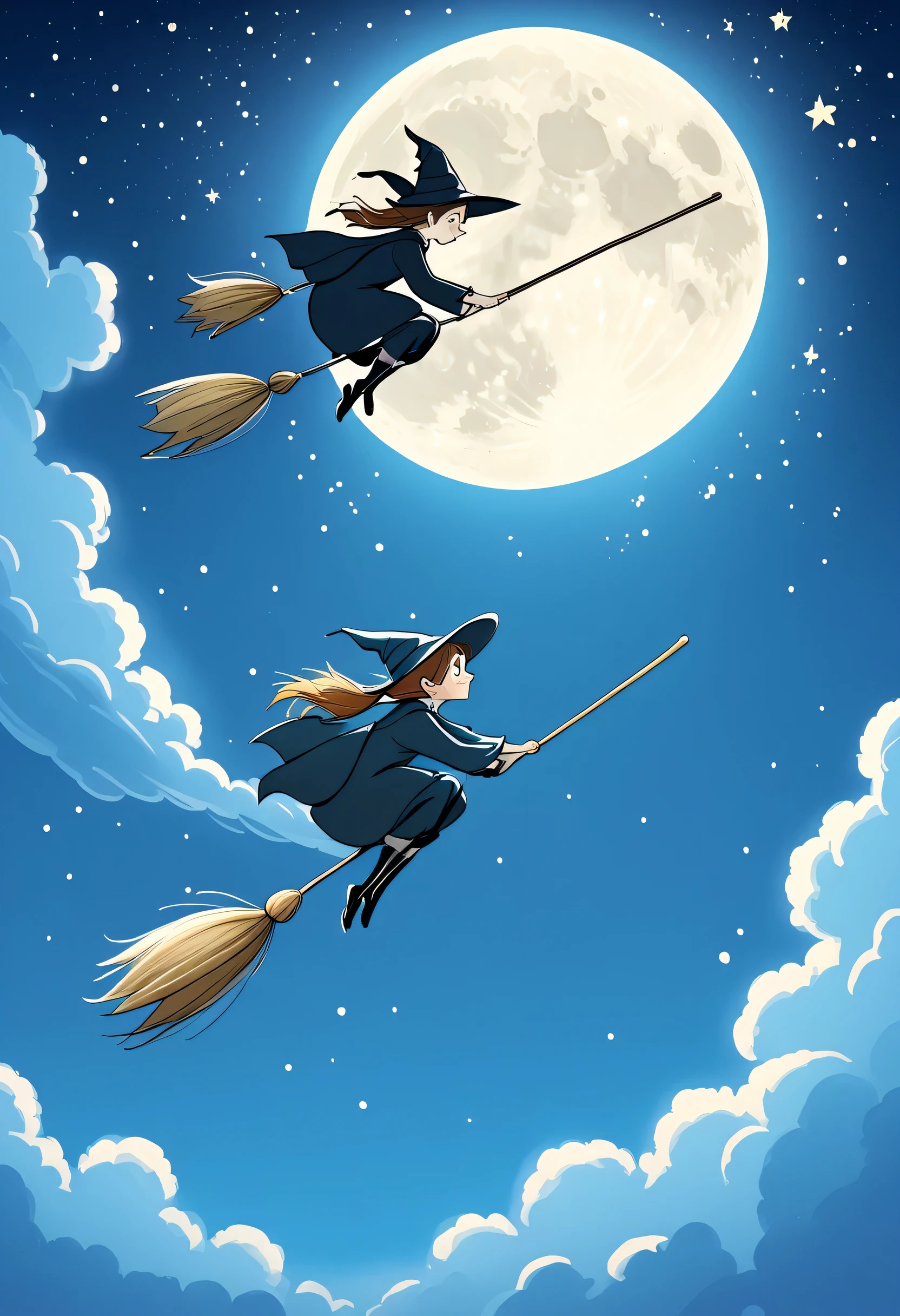 illustration：in the sky，Two witches flying on broomsticks，air racing，fluffy clouds，Fly to the huge moon，Rear view，glistening stars，dreamy blue sky，inspired by"harry potter"