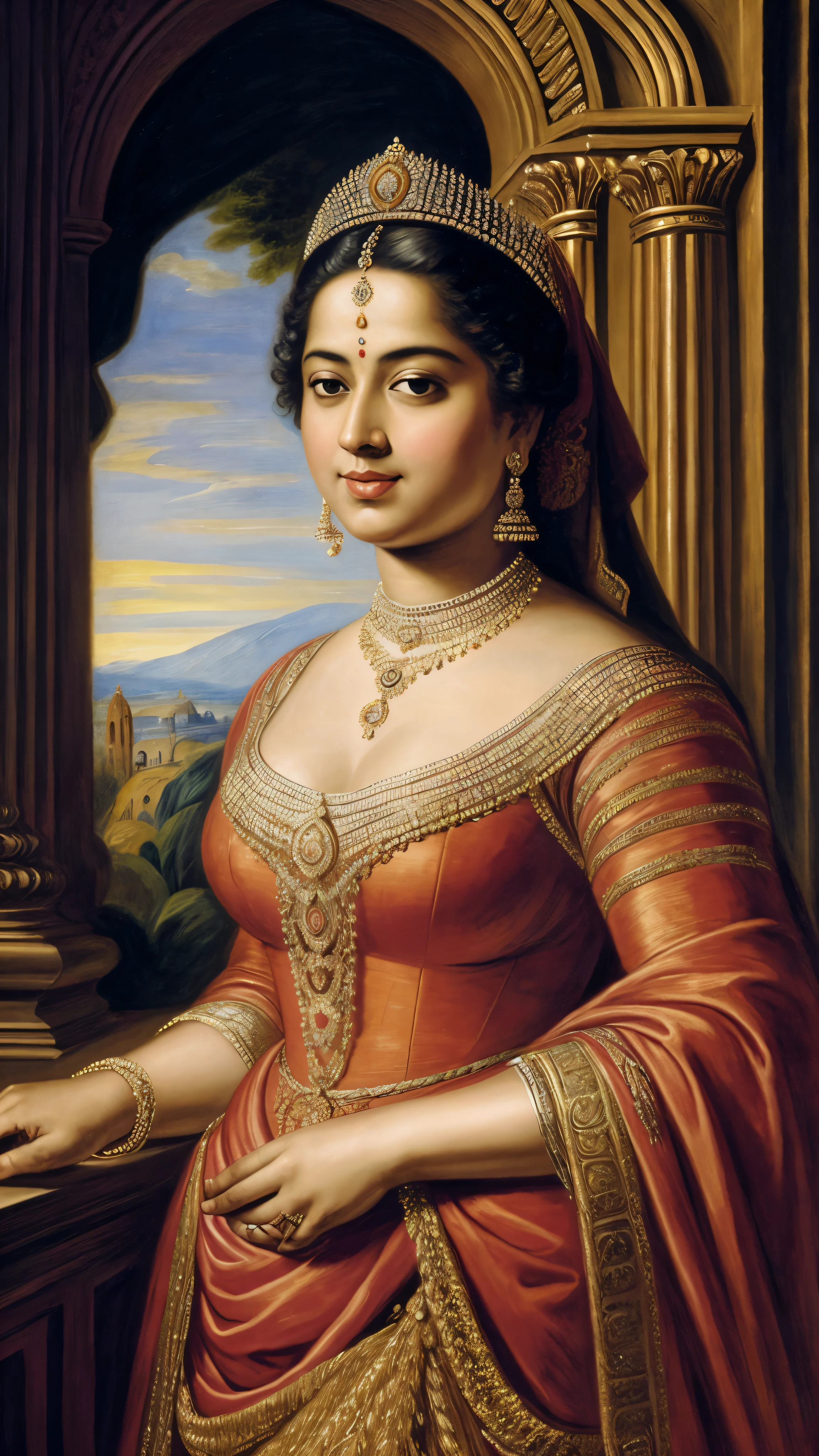 One Woman , a full-figured Indian queen with a royal court surrounding her in the manner of Peter Paul Rubens. The queen's shape highlights the beauty of a full form by radiating grace and confidence. Warm colors and rich tones along with dramatic lighting and a vivid color scheme should be used to compose the picture. The queen should wear clothing that combines traditional Indian fashion with historical authenticity, and her expression should convey her confidence and regal bearing. The artwork should be distinctive, appealing, and follow Rubens' creative direction.