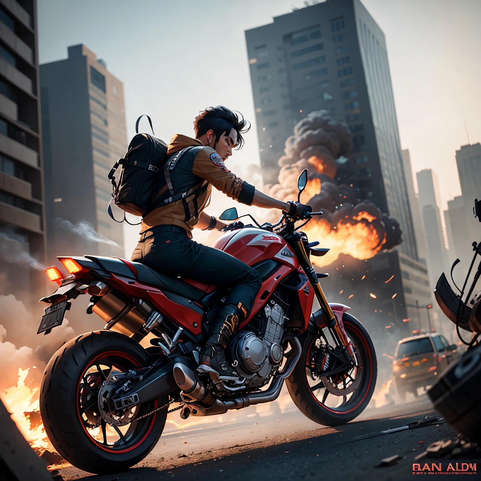 In the heart of an explosive action scene, a young Indonesian man named Raden stands out. He dons a white shirt adorned with red nodal patterns, a jacket thrown over his shoulders, and clutches a flamethrower in one hand. Jumping high, he evades debris flying through the air as buildings crumble in the background. A pervasive smell of smoke and the sound of engines revving in the distance punctuate the scene.
This dynamic illustration comes to life through photography and advanced 3D and HD visual effects. Raden's expression is one of determination and focus as his piercing eyes meet the viewer's gaze. Amidst the chaos