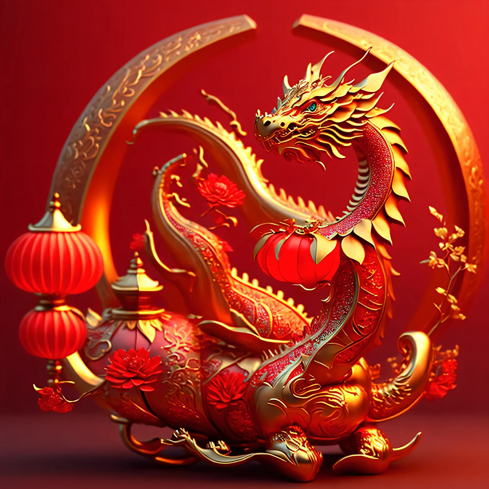 gold china dragon, lunar new year, spring flower, red lantern, red background, highest quality, 8k HUD, close-up, 2023, 3d